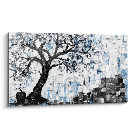 Arbre noir aux branches sinueuses sur fond bleu ardoise et blanc, peinture texturée au couteau