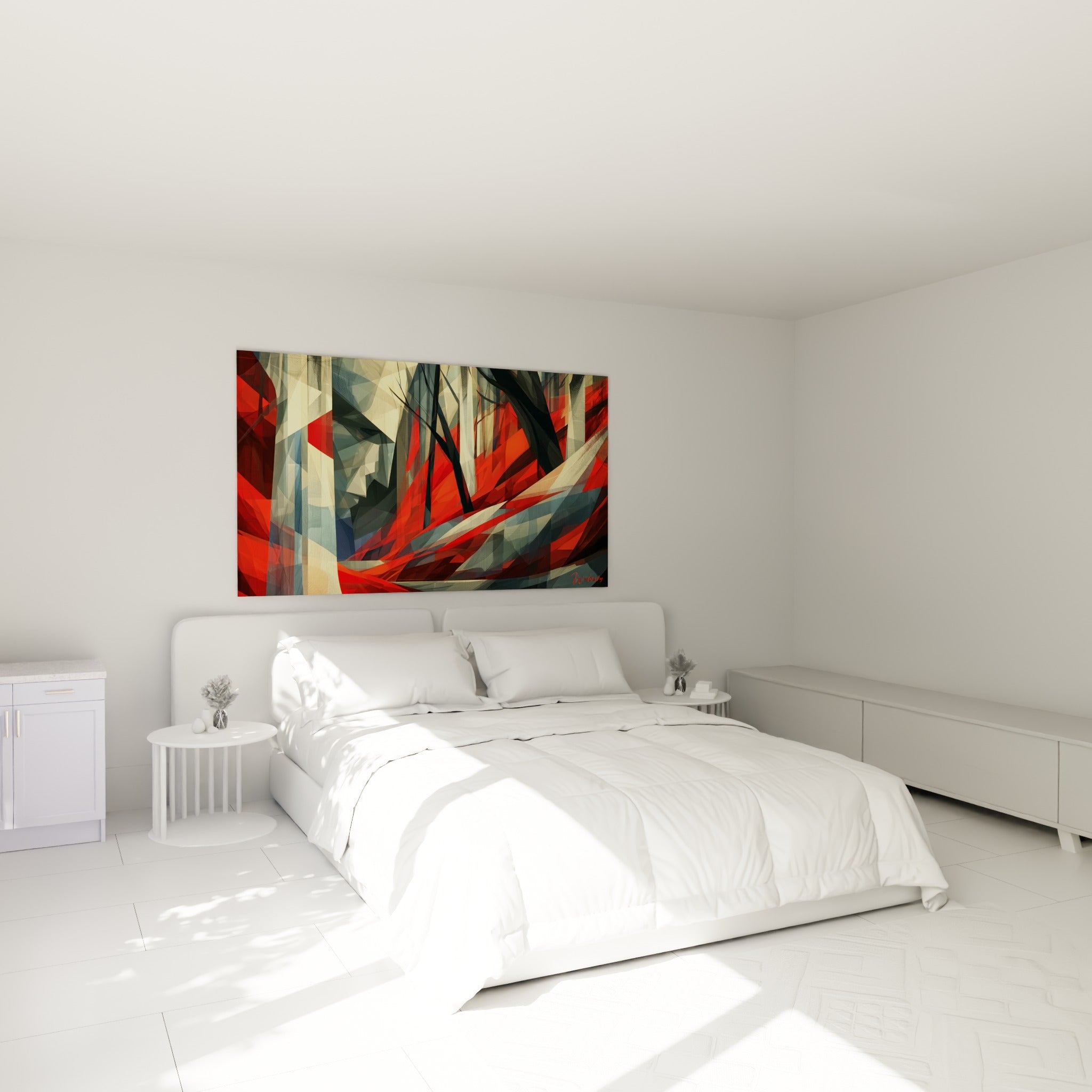 Arbres rouges et gris fracturés au-dessus d'un lit dans une chambre claire