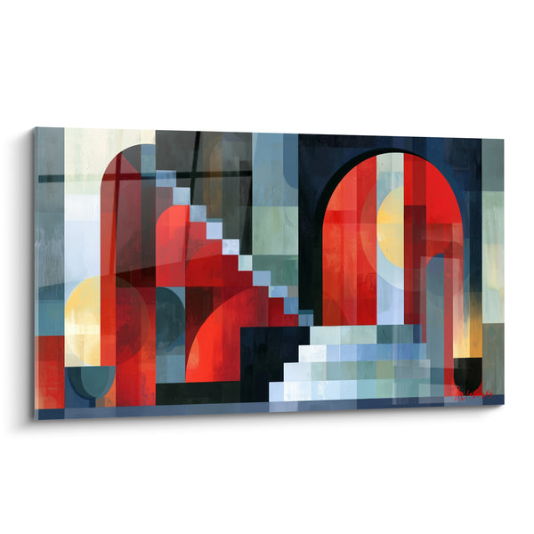 Tableau Arches rouges et bleu marine escalier - Portail vers l'ailleurs - Edition géometrique abstrait