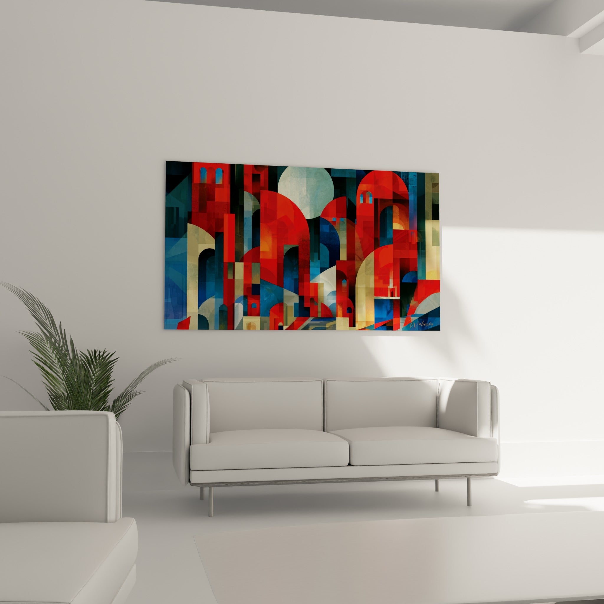Architecture stylisée rouge, ocre et bleu profond de ce tableau géométrique abstrait au-dessus d'un canapé dans un salon lumineux