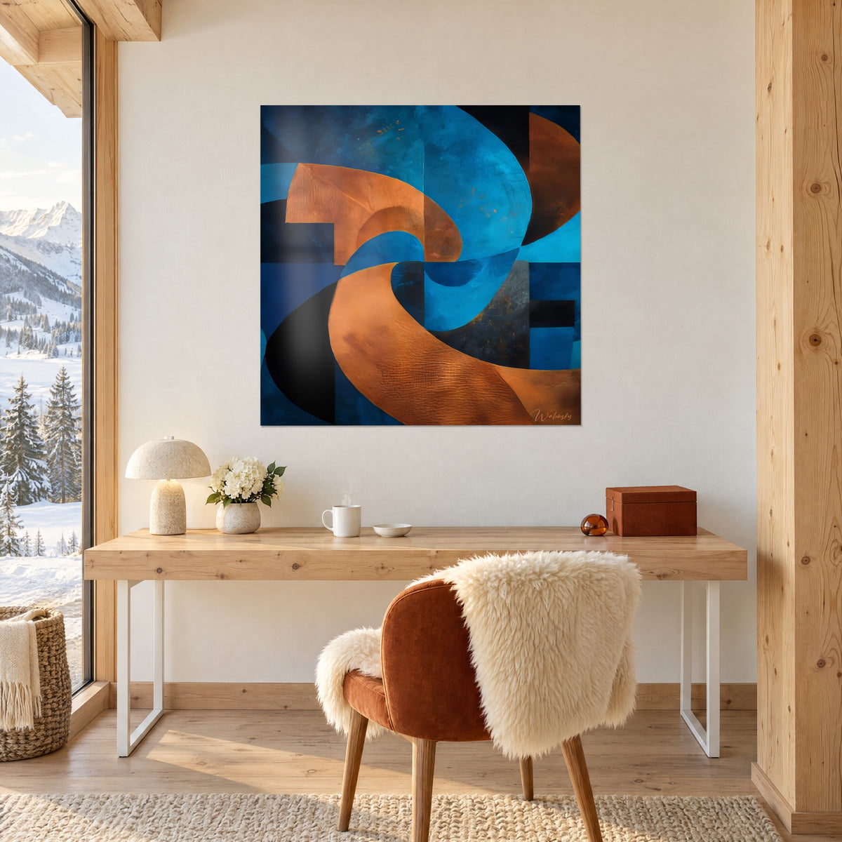 Cuadro cinta naranja enrollada sobre paneles azul real y negro, reflejos dorados, colgado en la pared encima de un escritorio de madera clara