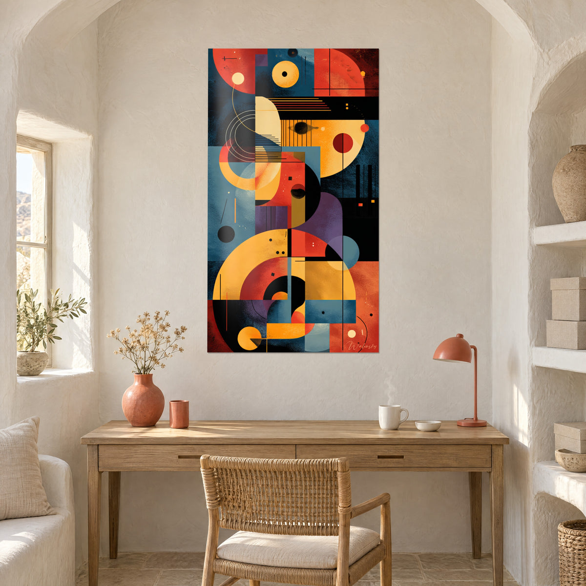 Cuadro Pintura abstracta de arcos concéntricos ocre y rojo coral, zonas negras, colgado sobre un escritorio de madera clara