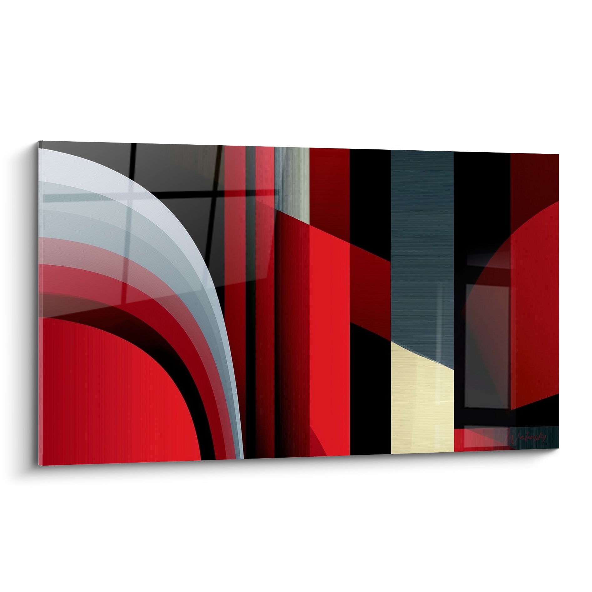 Arcs rouges et gris se déploient sur fond anthracite dans ce tableau géométrique abstrait