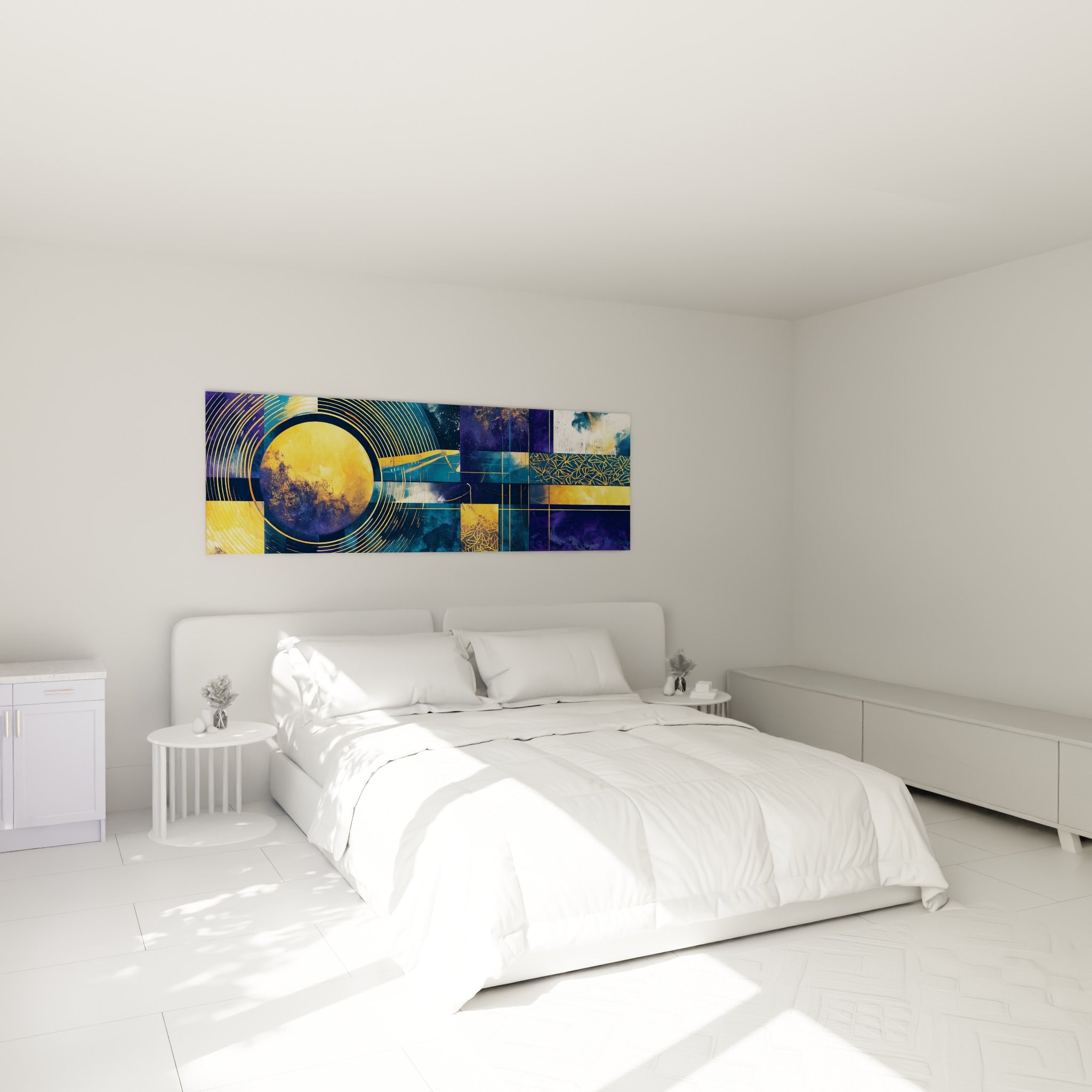 Astre ocre entouré de lignes dorées circulaires, tableau géometrique abstrait au-dessus d'un lit dans une chambre claire