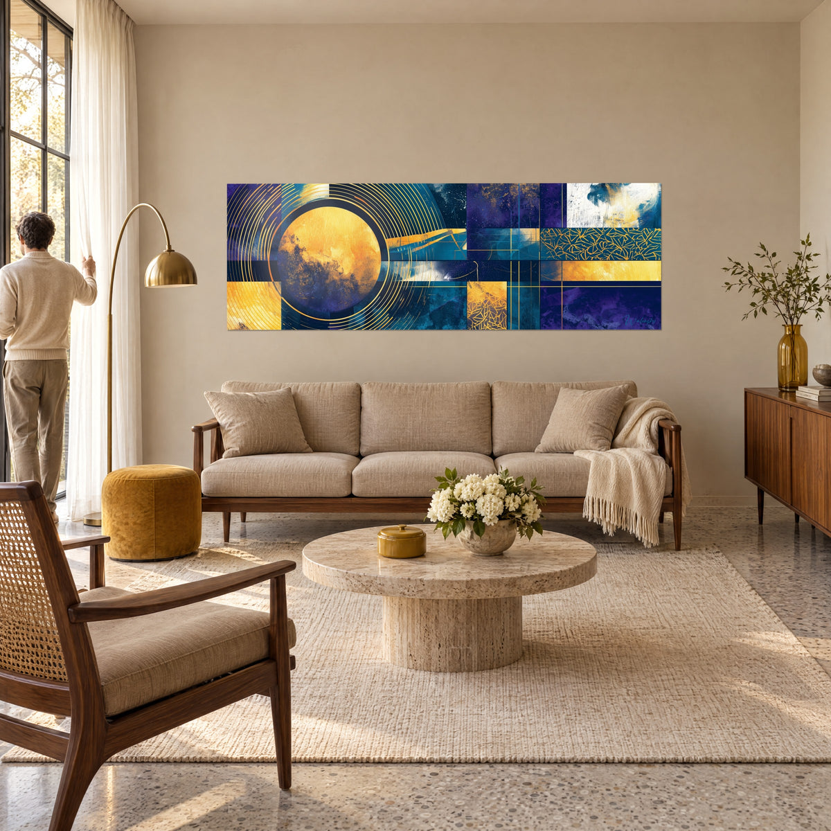 Quadro con un disco dorato punteggiato di blu notte, cerchi concentrici sottili, mosaico indaco, sopra un divano in un soggiorno luminoso