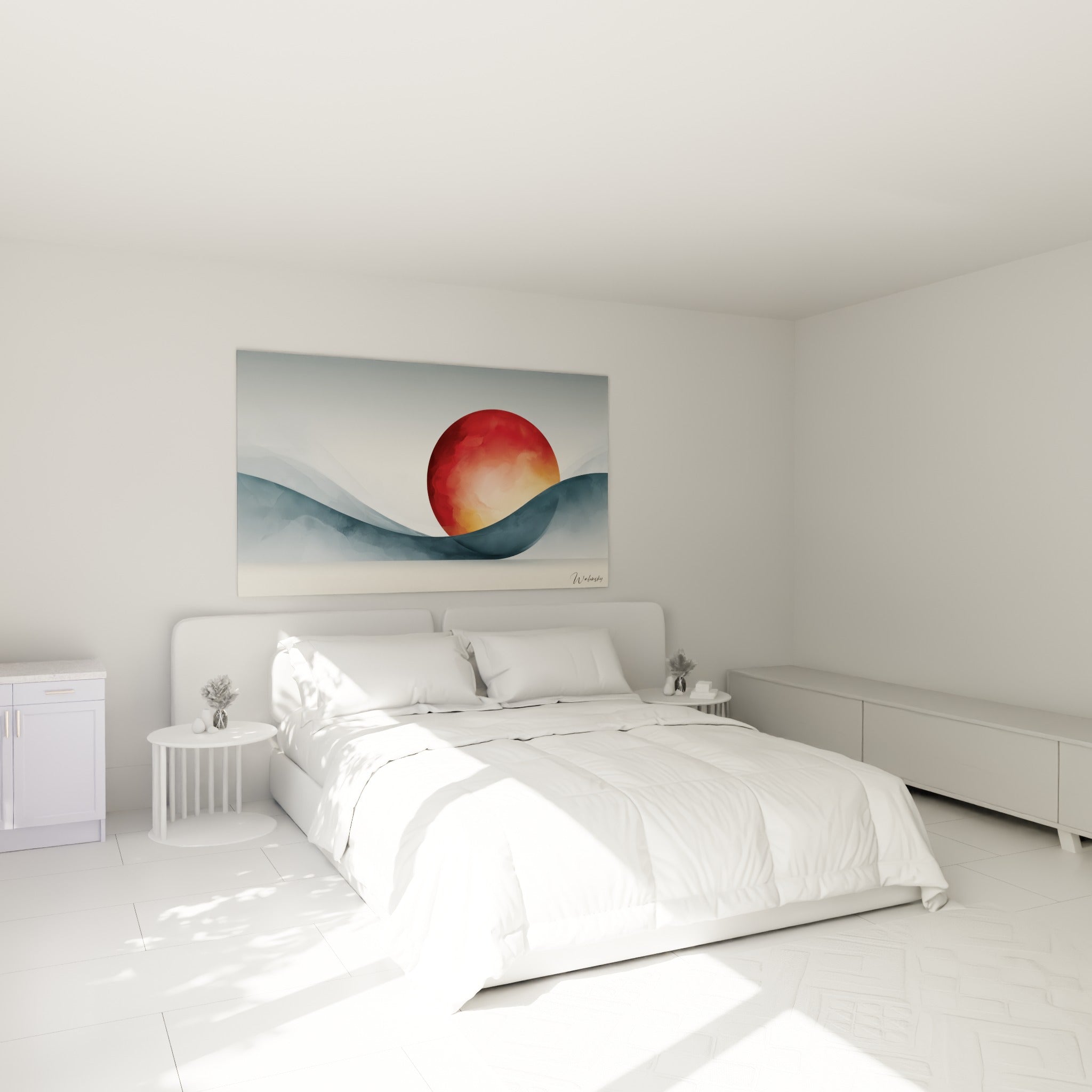 Astre rouge sur vague grise anthracite, tableau géométrique abstrait au-dessus d'un lit dans une chambre claire