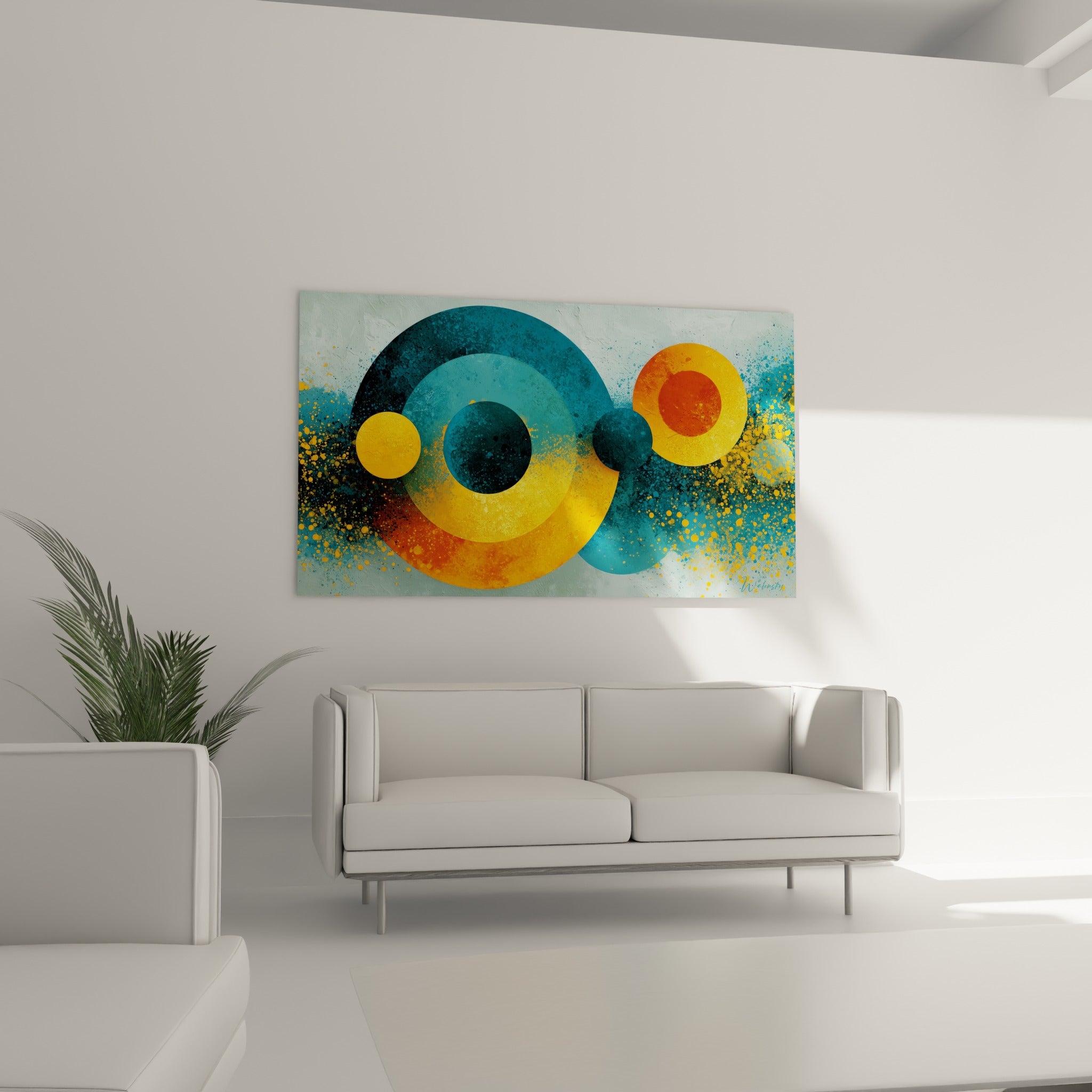 Astres colorés bleu sarcelle et orangé brûlé au-dessus d'un canapé dans un salon lumineux