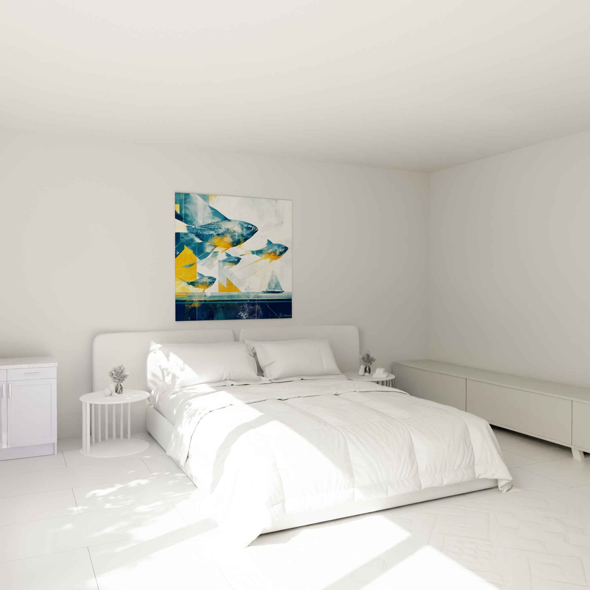 Banc de poissons ocre et bleu marine géométrique abstrait, au-dessus d'un lit dans une chambre claire