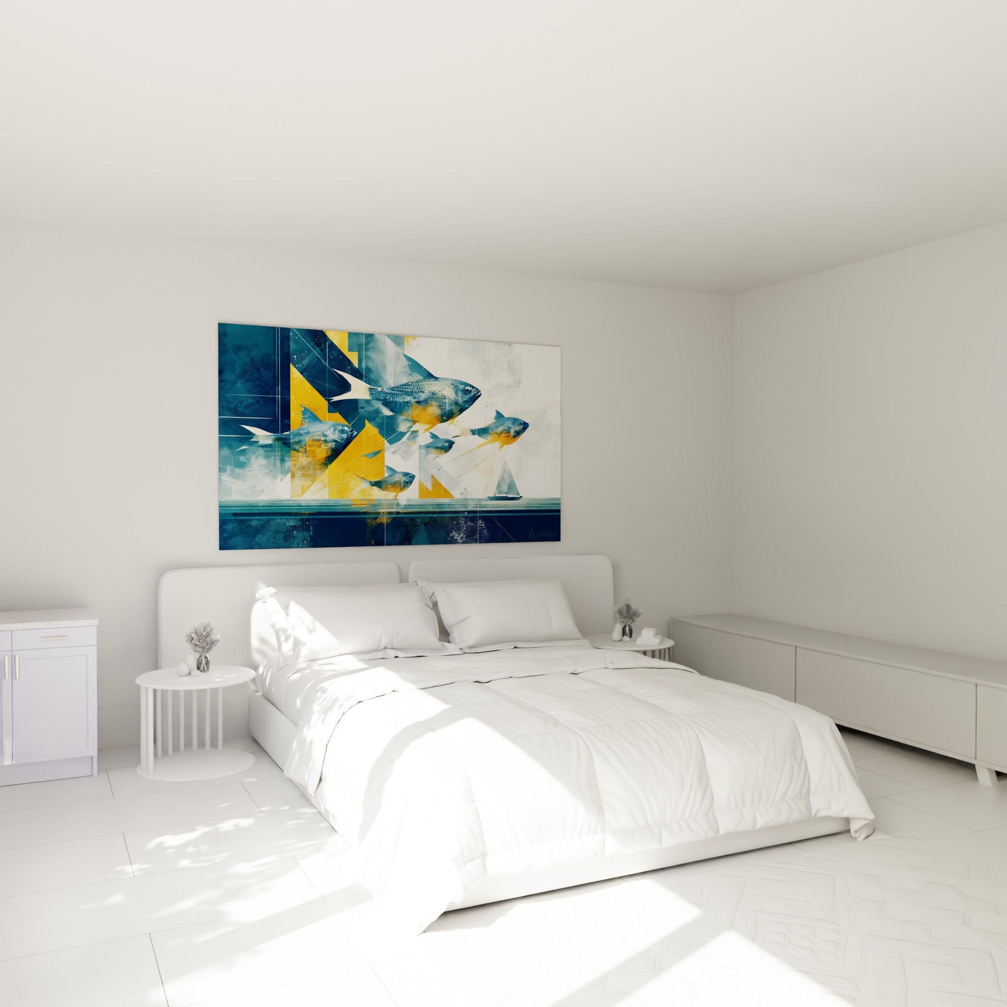 Banc de poissons bleus et ocre en mouvement, tableau géométrique abstrait au-dessus d'un lit dans une chambre claire