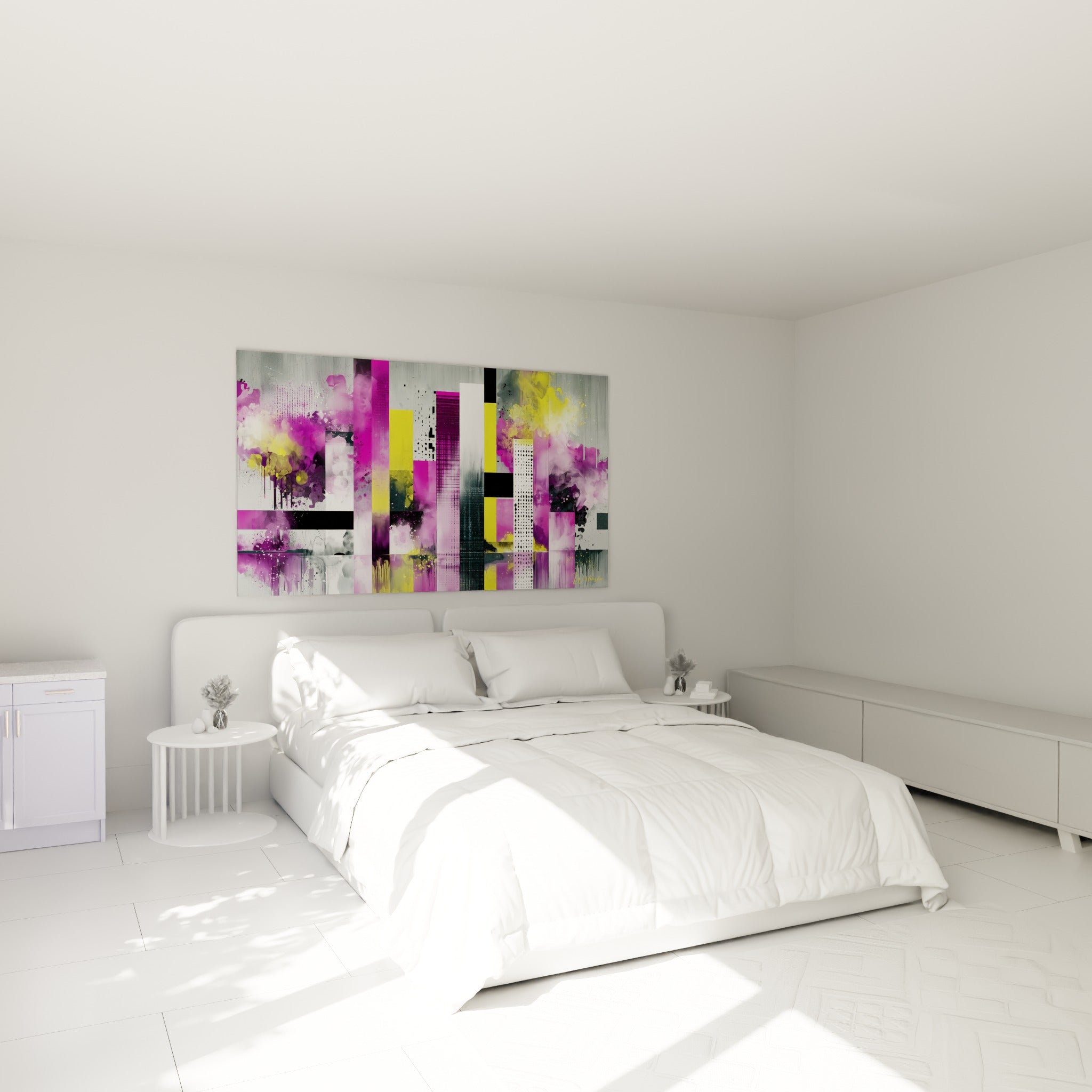 Composition géometrique abstraite magenta et jaune accrochée au-dessus d'un lit dans une chambre claire