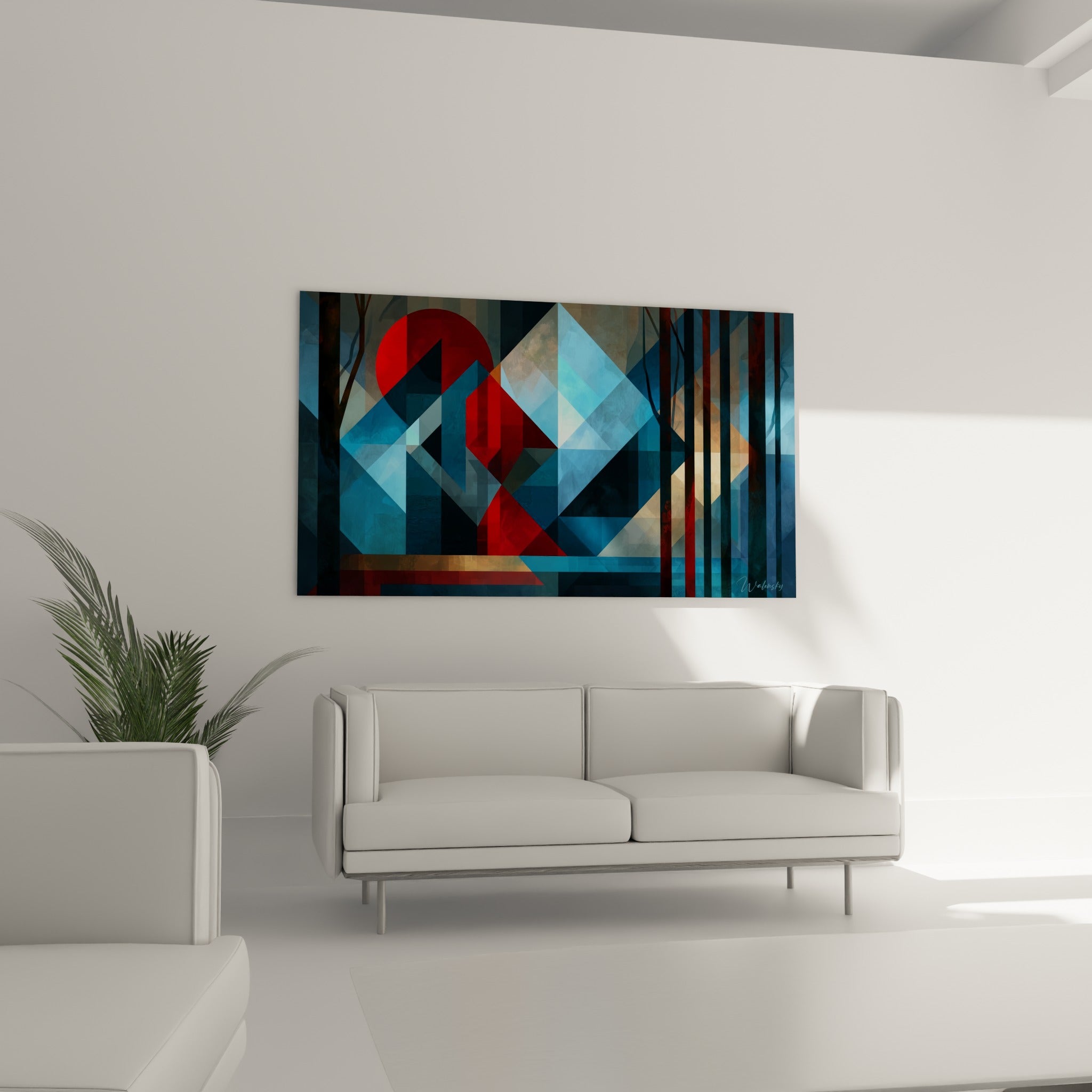 Bandes anthracite et éclats ocre de ce tableau géométrique abstrait au-dessus d'un canapé dans un salon lumineux