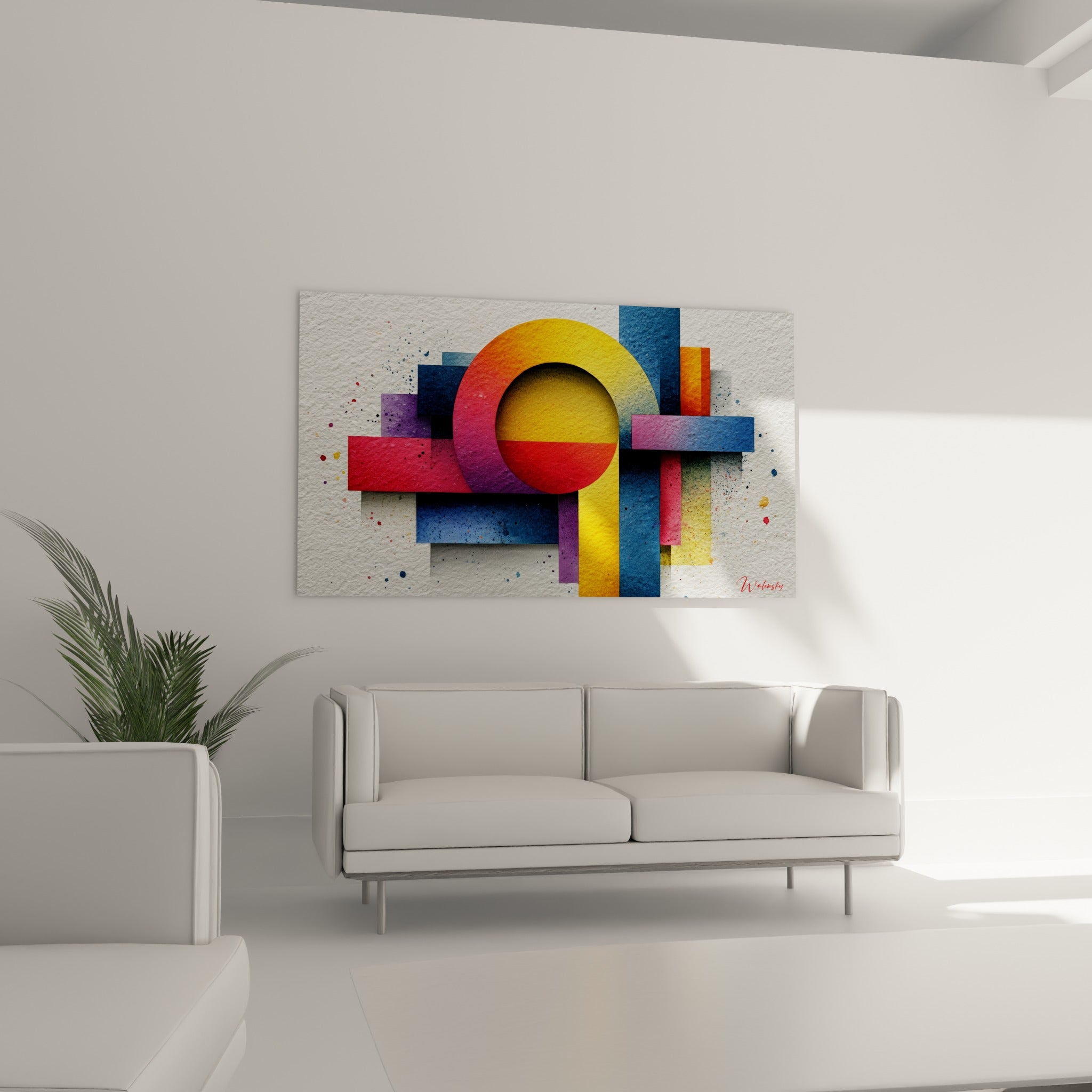 Cercle rouge et orangé du tableau géométrique abstrait aux bandes fuchsia au-dessus d'un canapé dans un salon lumineux