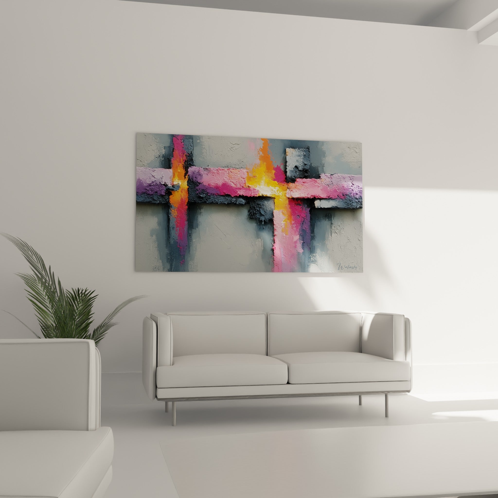 Bandes grises et violettes sillonnées de lumière fuchsia et jaune, au-dessus d'un canapé dans un salon lumineux