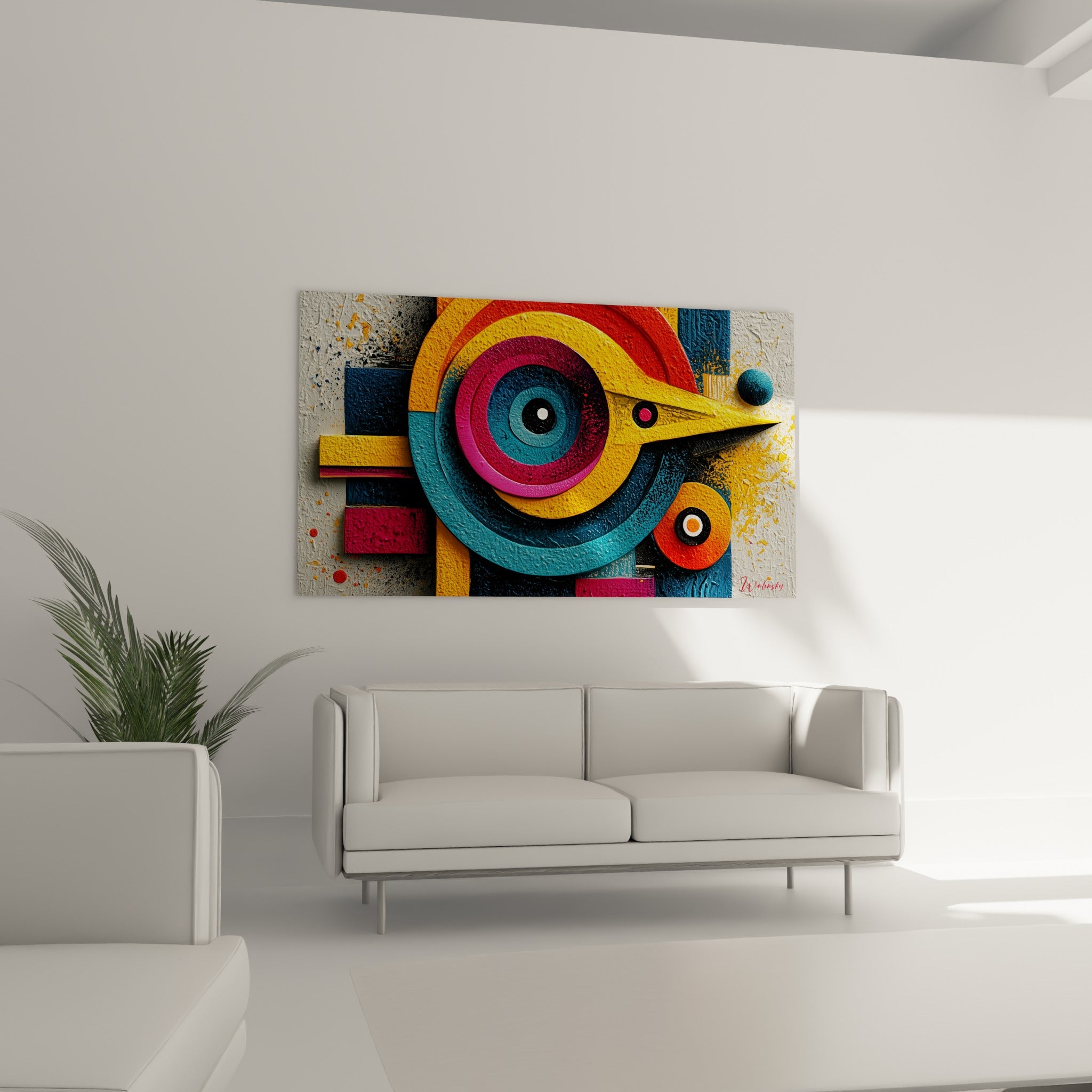 Bec jaune triangulaire et œil bleu canard d'un oiseau géométrique au-dessus d'un canapé dans un salon lumineux