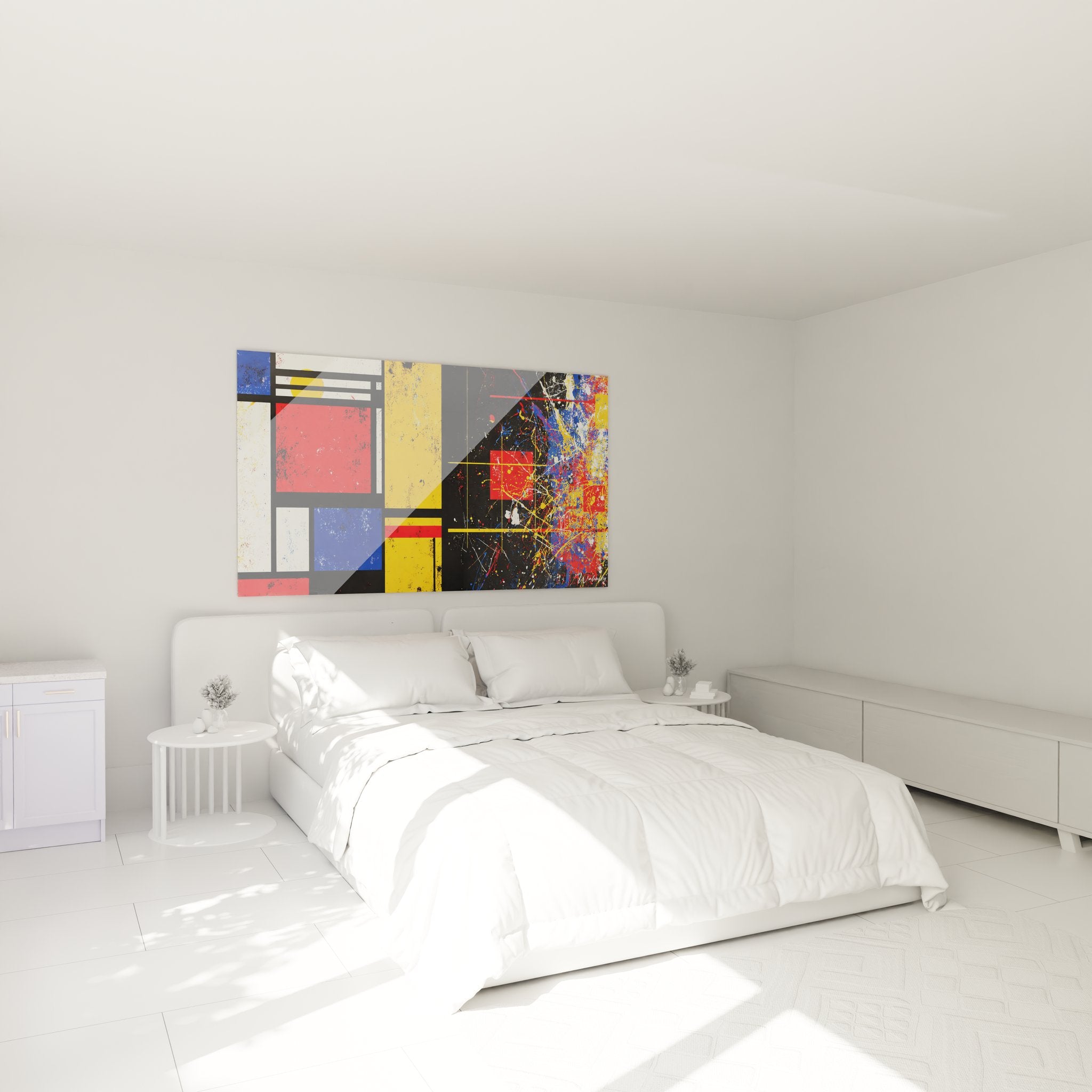 Tableau mural géométrique abstrait bicolore installé dans chambre moderne décoration contemporaine