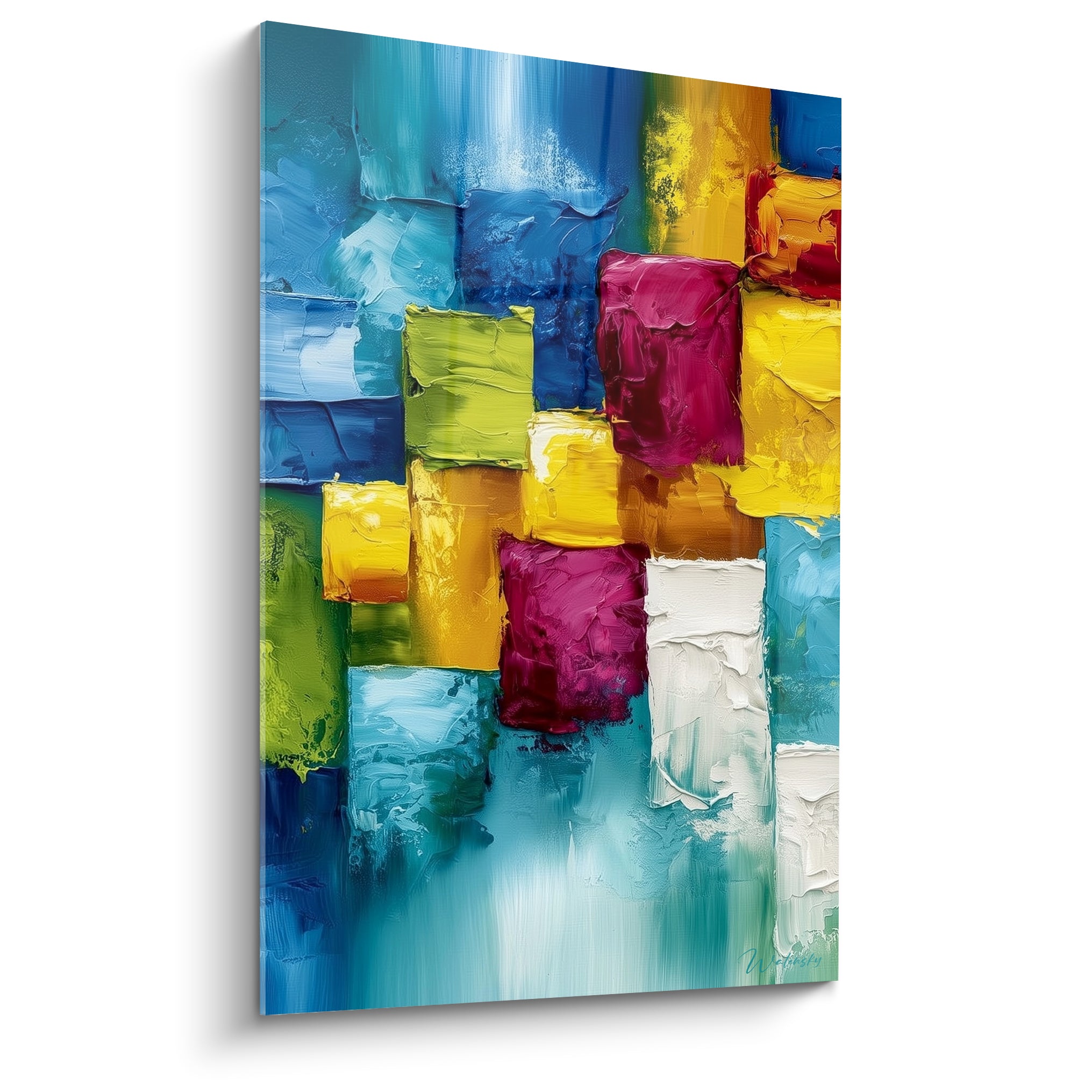 Blocs de bleu marine, magenta et jaune ocre peints au couteau sur toile géométrique abstraite