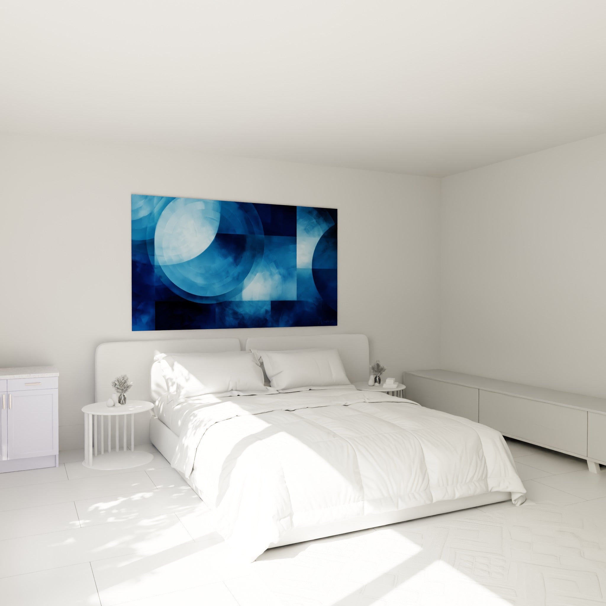 Formes circulaires bleu nuit et bleu glacier au-dessus d'un lit dans une chambre claire