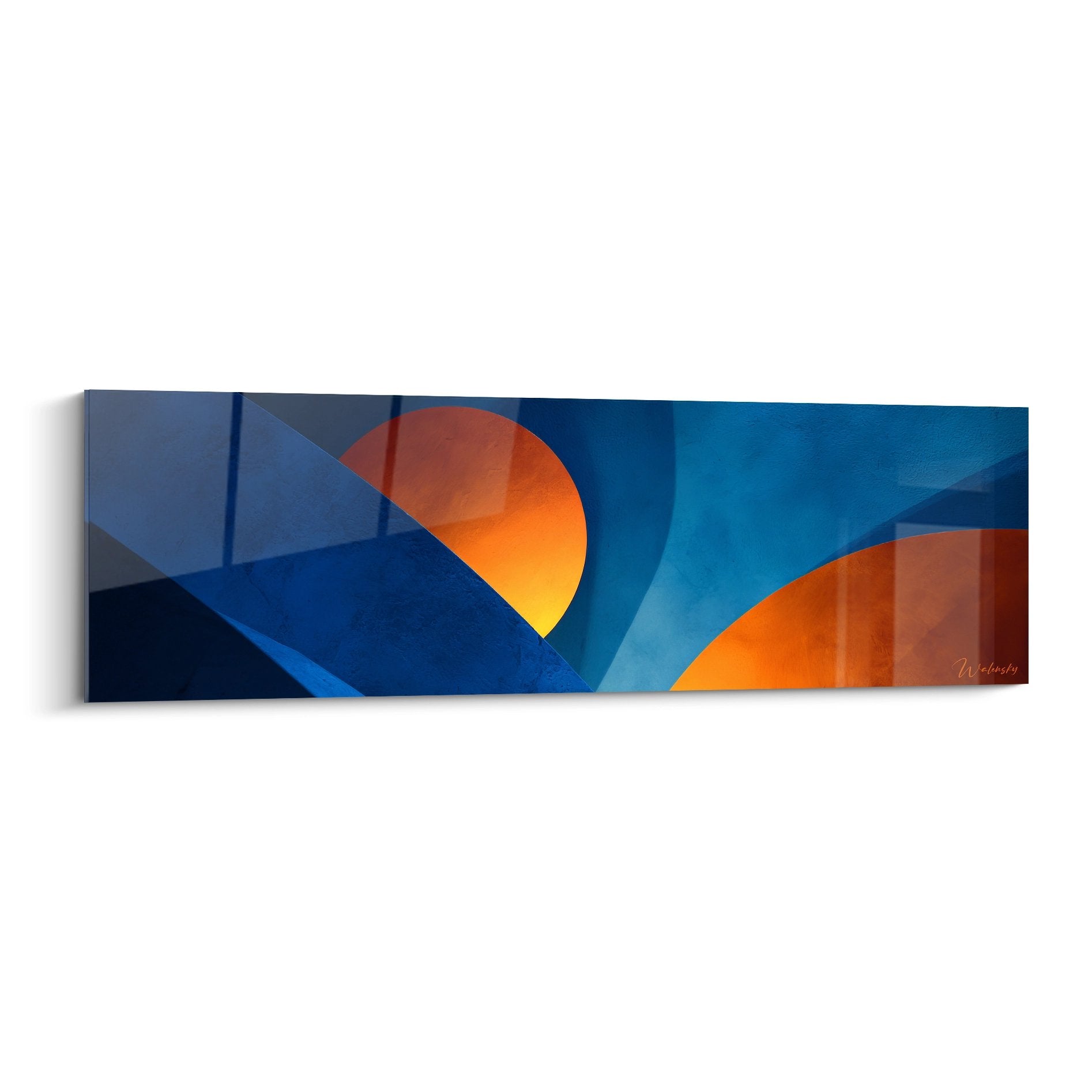 Tableau géométrique abstrait aux formes fluides bleu et orange, art moderne contemporain pour décoration murale