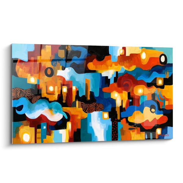 Tableau Formes ondulantes bleu et orange lumineuses - Cité incandescente - Edition géometrique abstrait