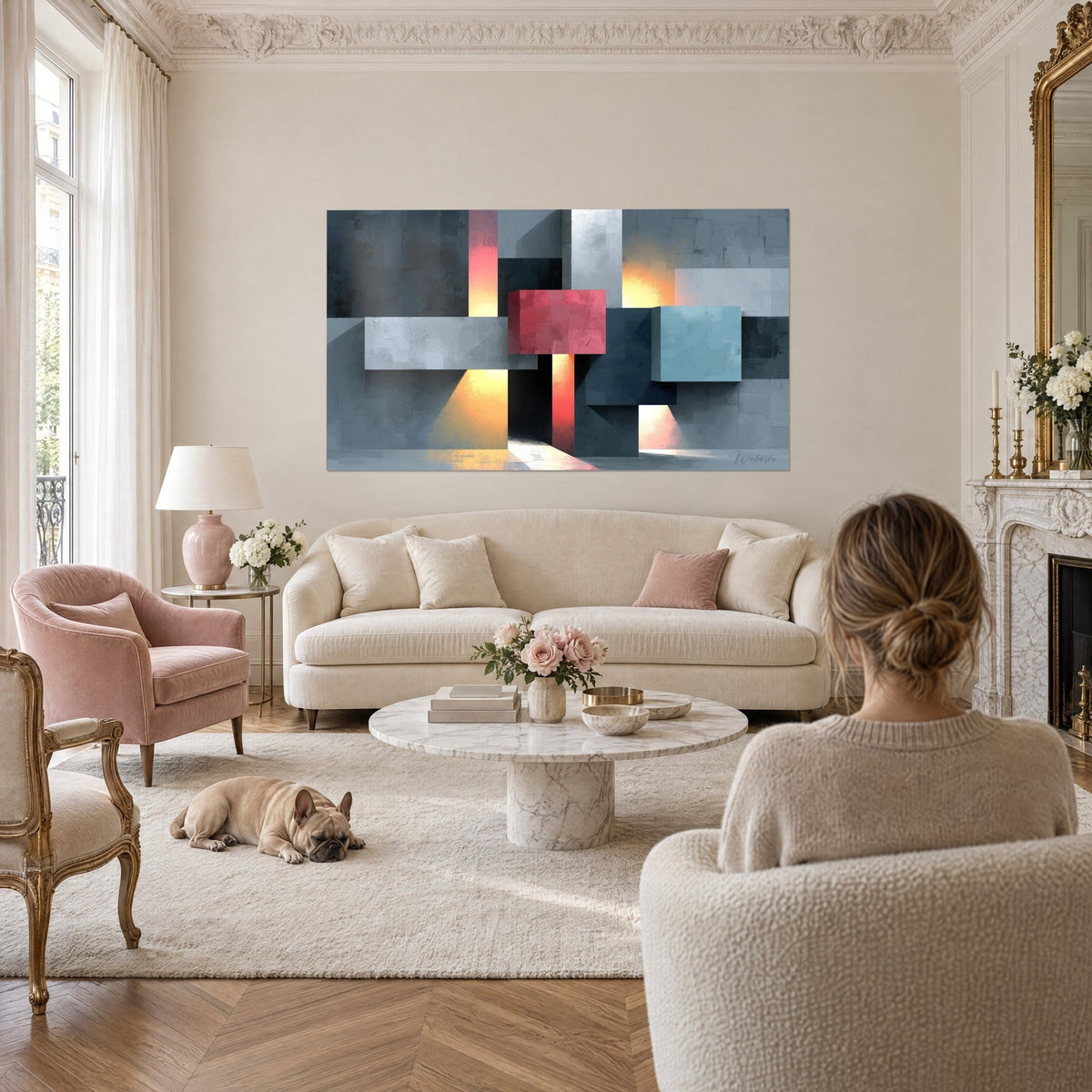Tableau cubes gris ardoise et rouge framboise, lueurs dorées, bulldog couché, au-dessus d'un canapé dans un salon lumineux