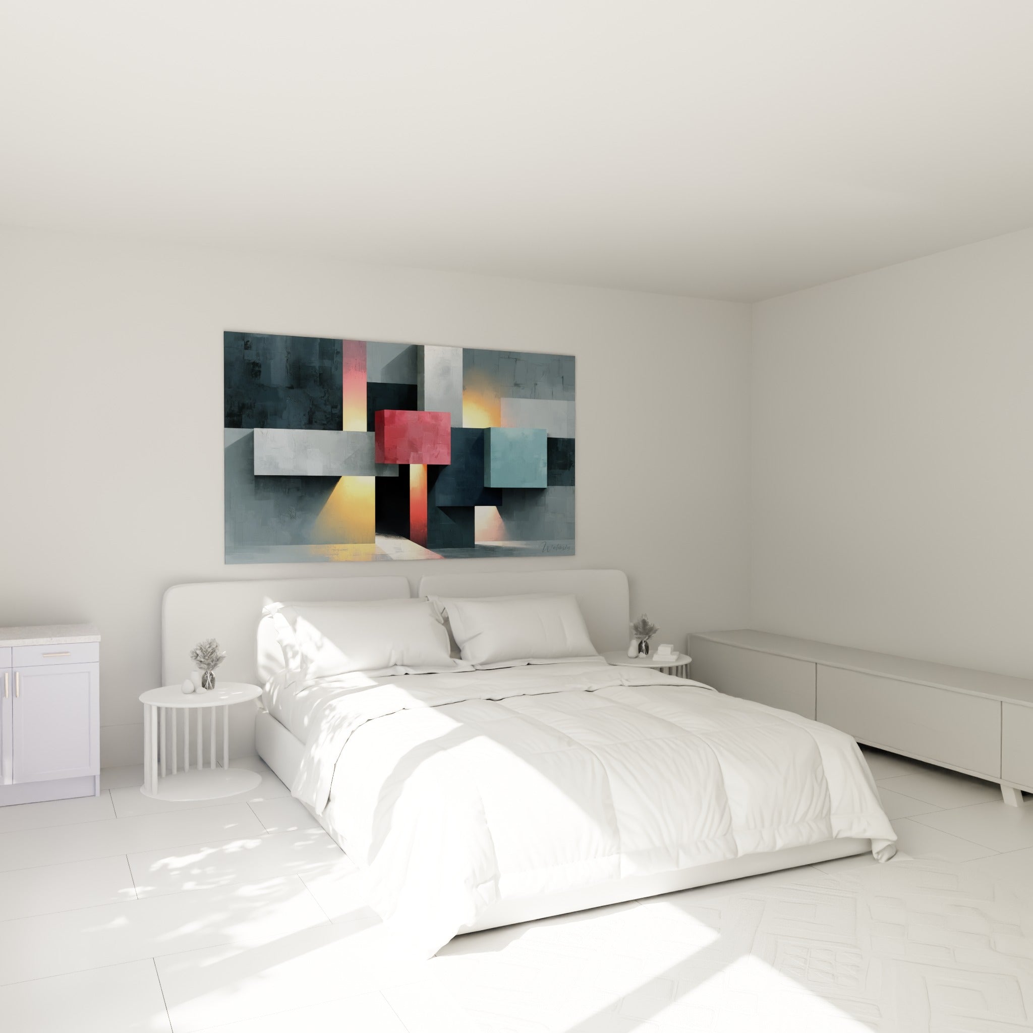 Blocs gris et bleu pastel sculptés par la lumière dorée, tableau géométrique abstrait au-dessus d'un lit dans une chambre claire