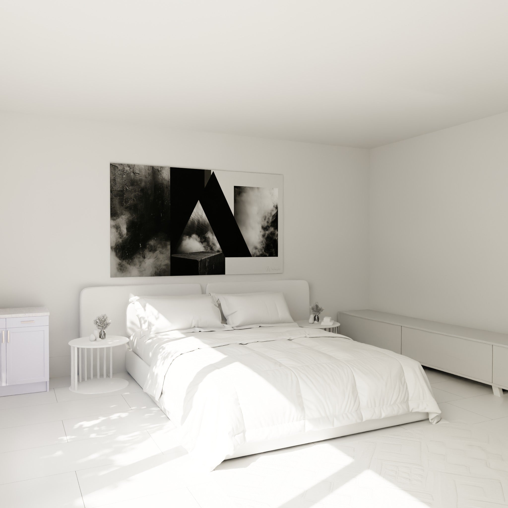 Fumée vaporeuse et bloc noir structurent ce tableau géométrique abstrait au-dessus d'un lit dans une chambre claire