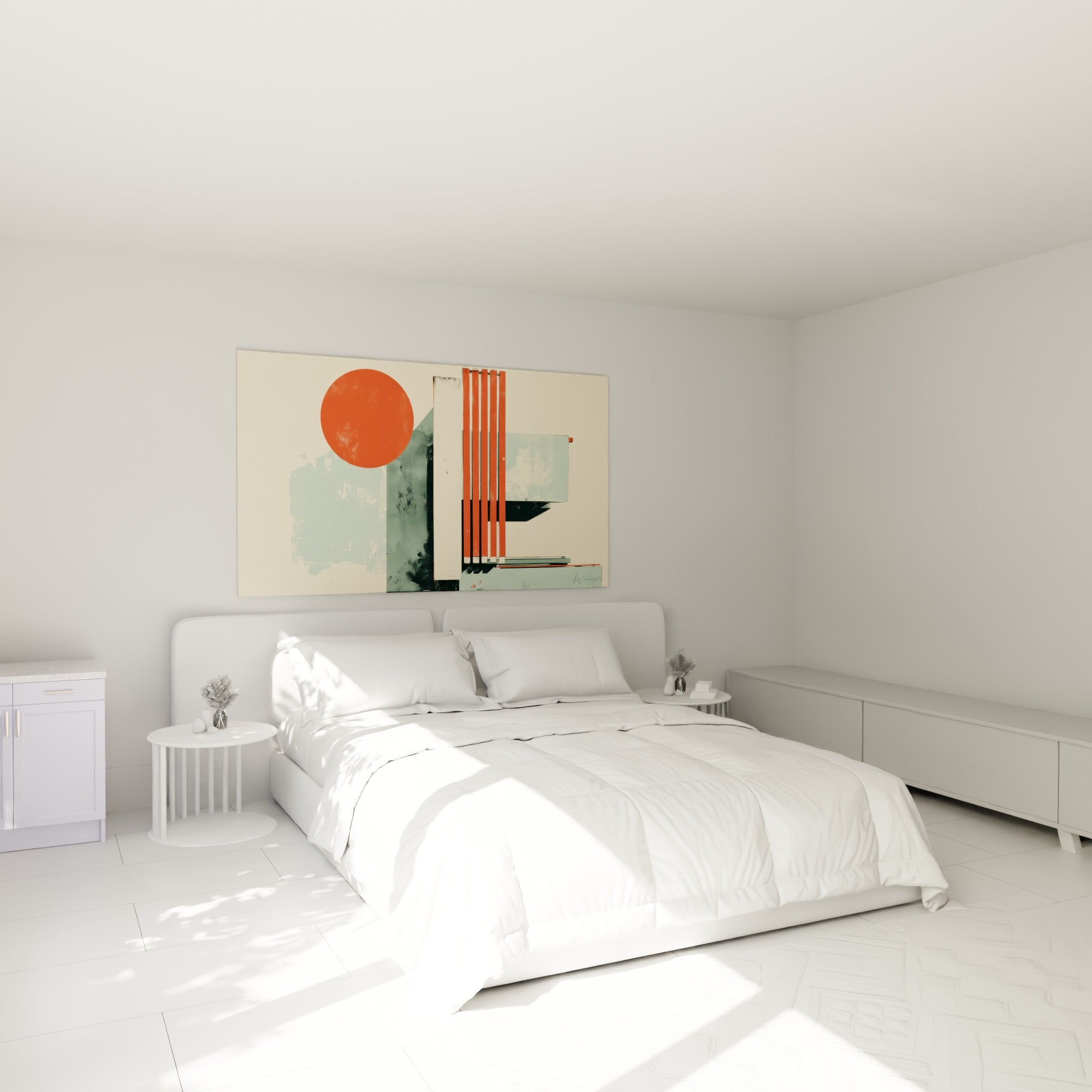 Blocs anthracite et cercle rouge structurent ce tableau géométrique abstrait au-dessus d'un lit dans une chambre claire