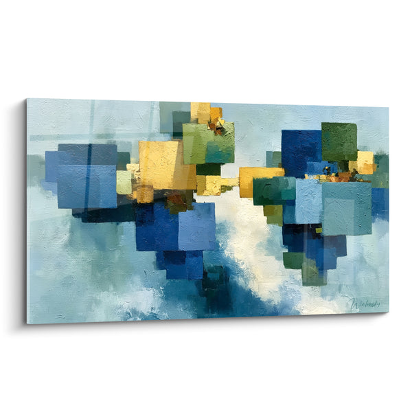 Tableau Blocs flottants bleu et ocre - Archipel suspendu - Edition géometrique abstrait