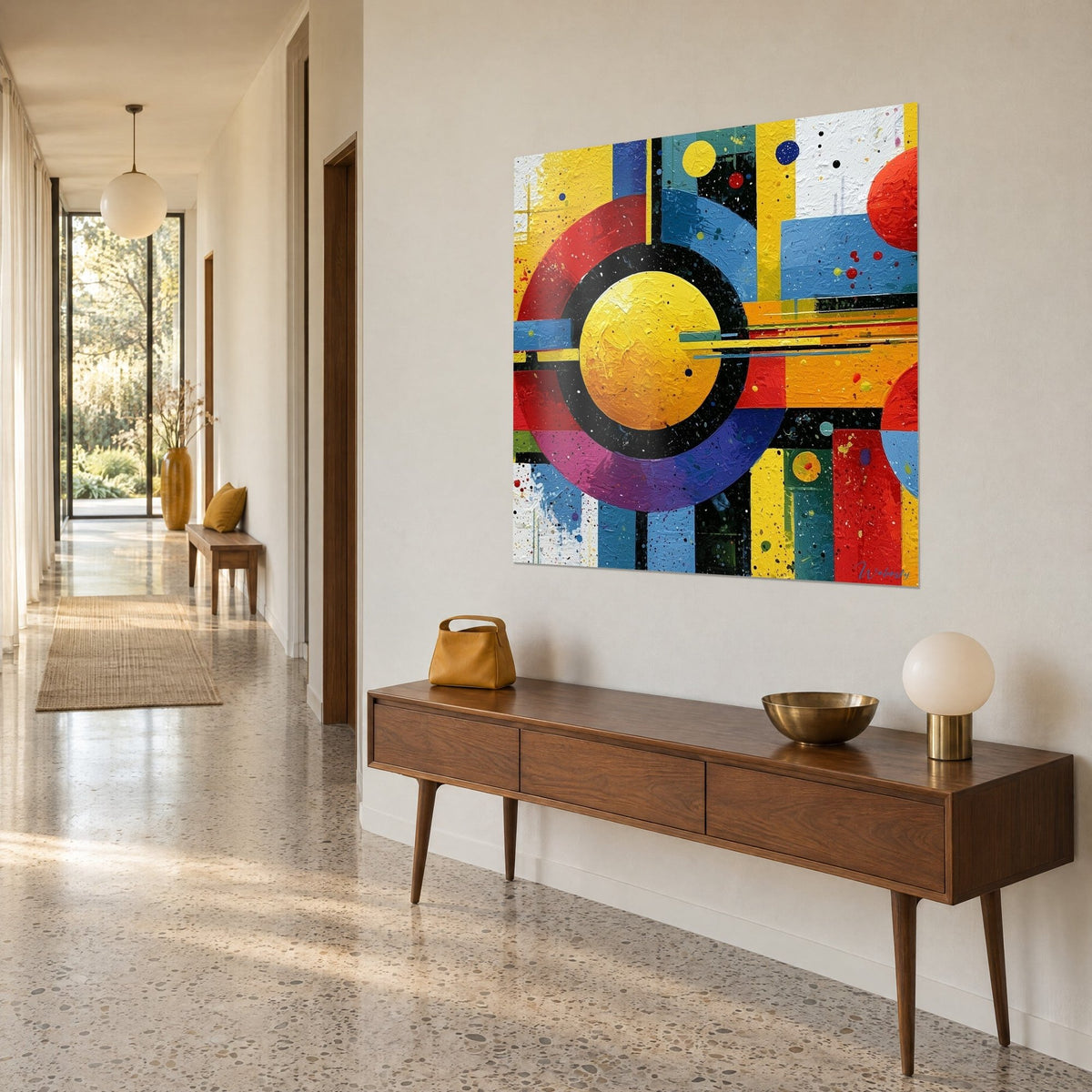 Quadro ingranaggio giallo schizzato di vernice, archi viola e rossi, appeso sopra una credenza in legno in un corridoio