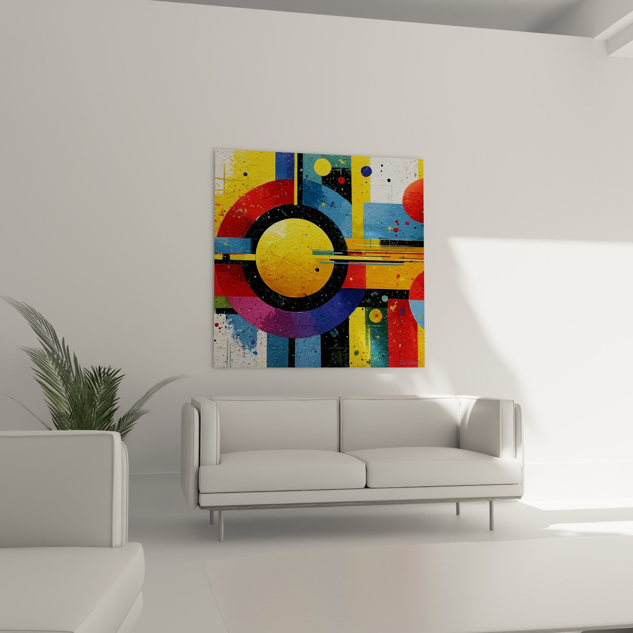 Blocs colorés bleu et orange de ce tableau géometrique abstrait au-dessus d'un canapé dans un salon lumineux