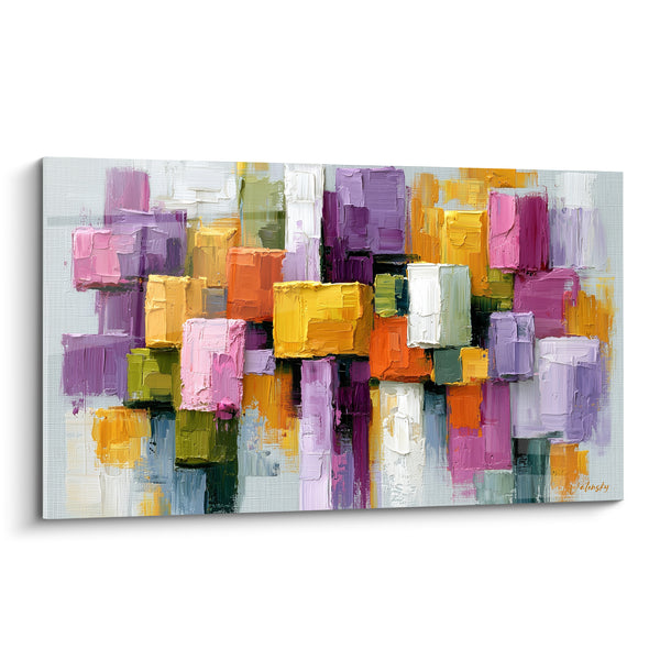 Tableau Blocs de couleurs mauve et safran empâtés - Cité en couleurs - Edition géometrique abstrait