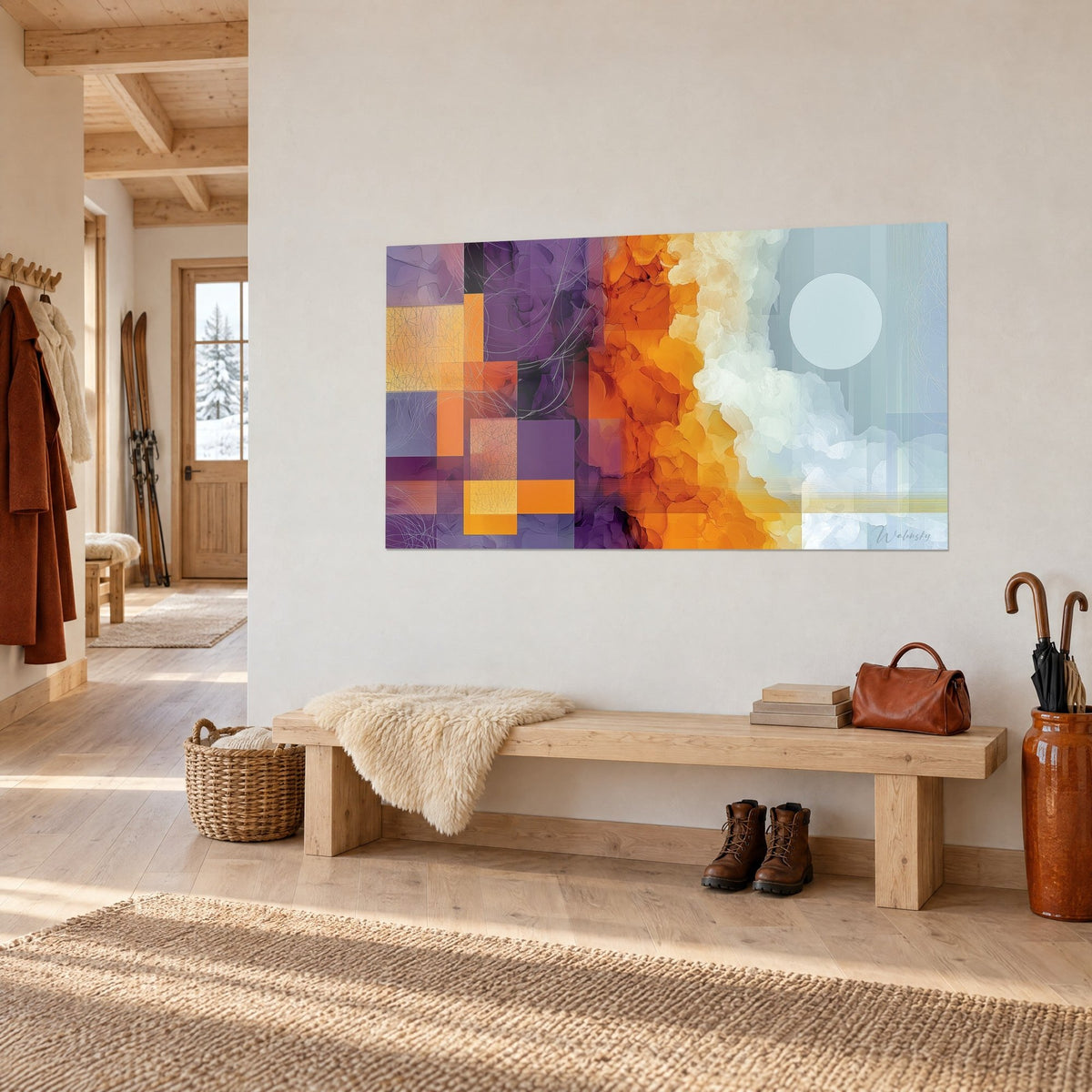 Quadro composizione geometrica malva e ambra, fumo avorio e luna azzurrata, appeso nell'ingresso di uno chalet