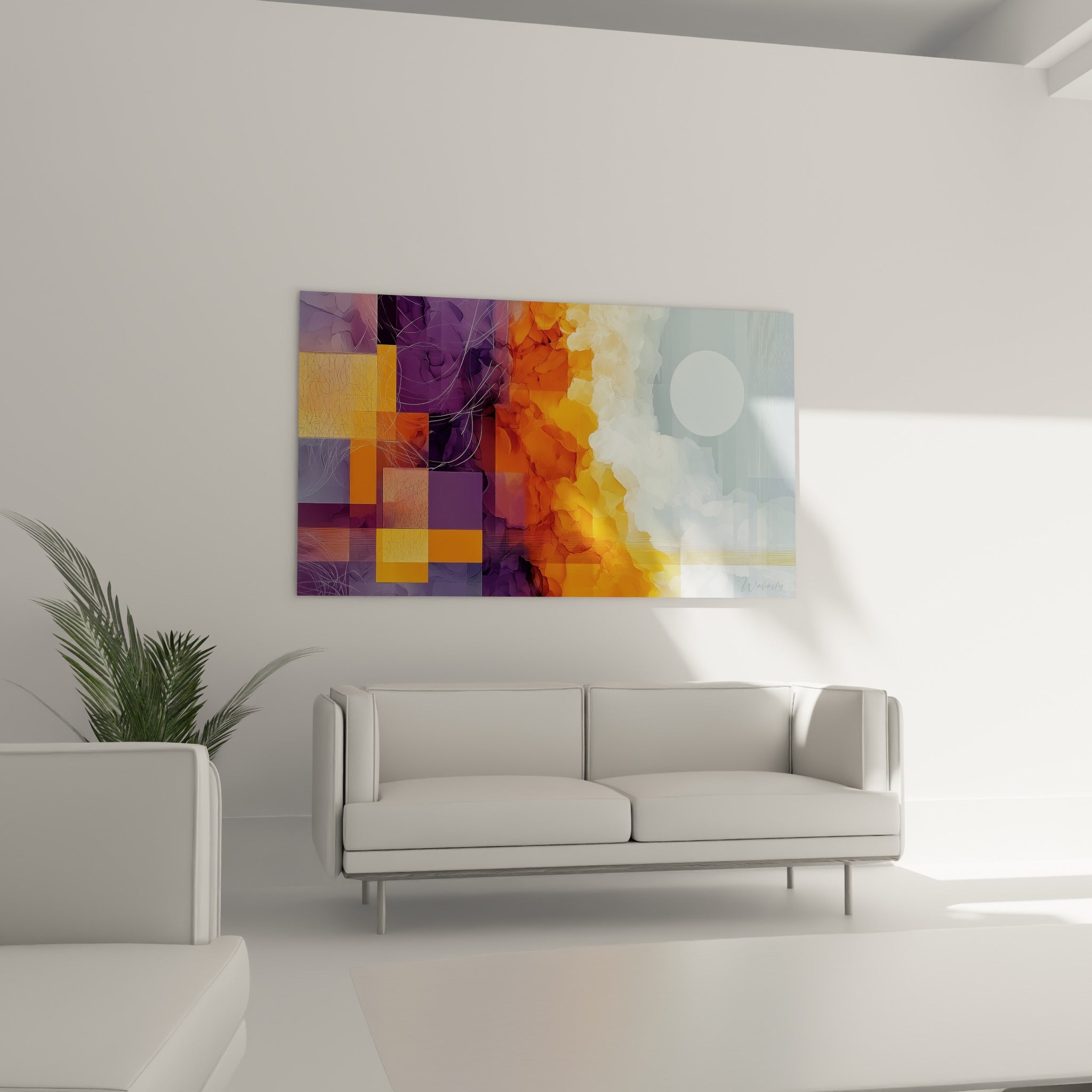 Blocs colorés ocre et mauve d'un tableau géométrique abstrait au-dessus d'un canapé dans un salon lumineux