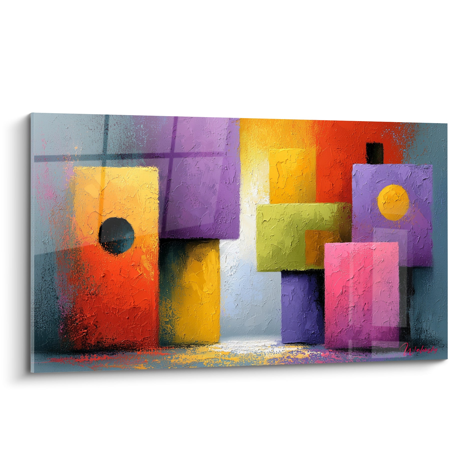 Blocs orange, violet et jaune texturés composent ce tableau géométrique abstrait vibrant