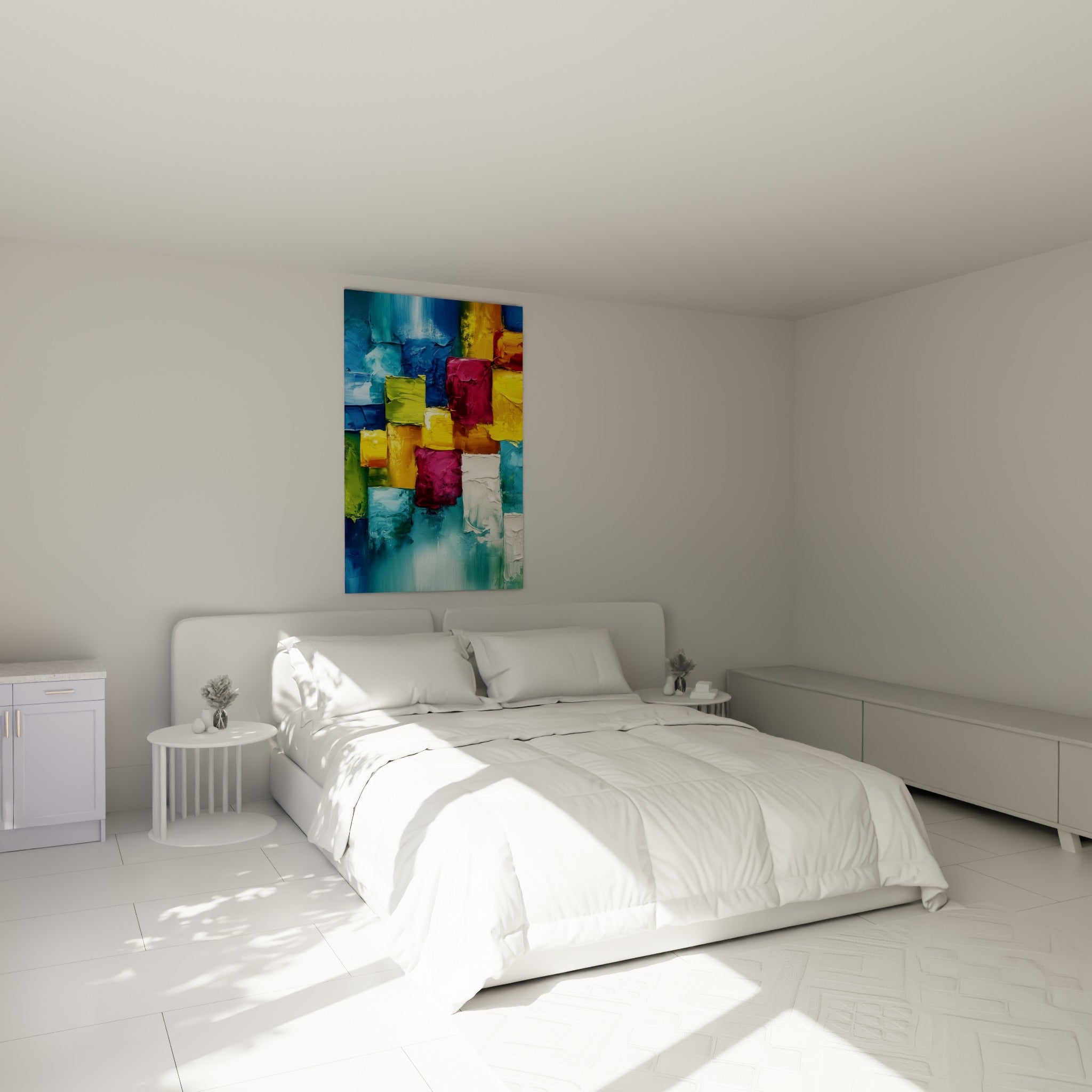 Composition géométrique abstraite en bleu turquoise et magenta accrochée au-dessus d'un lit dans une chambre claire