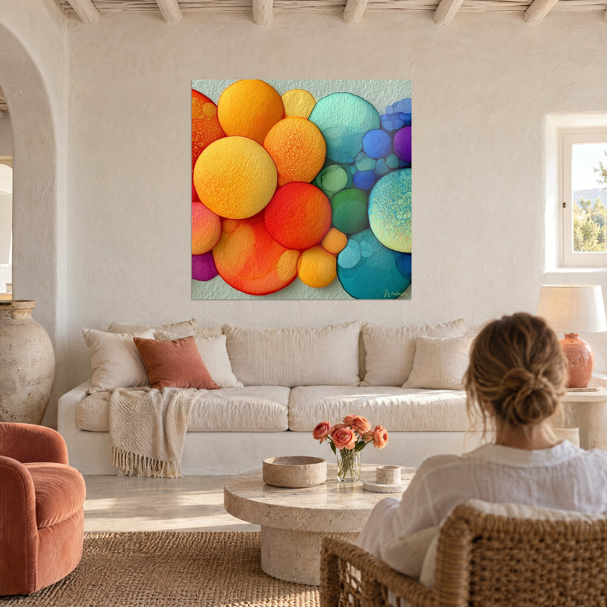 Schilderij met oranje en saffraangele cirkels in korrelig reliëf, turquoise accenten, boven een bank in een lichte woonkamer