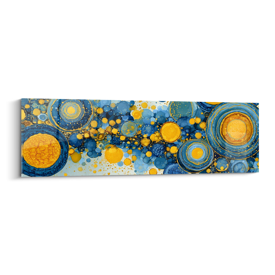 Tableau Cercles bleu marine et dorés effervescents - Éclosion cosmique - Edition géometrique abstrait