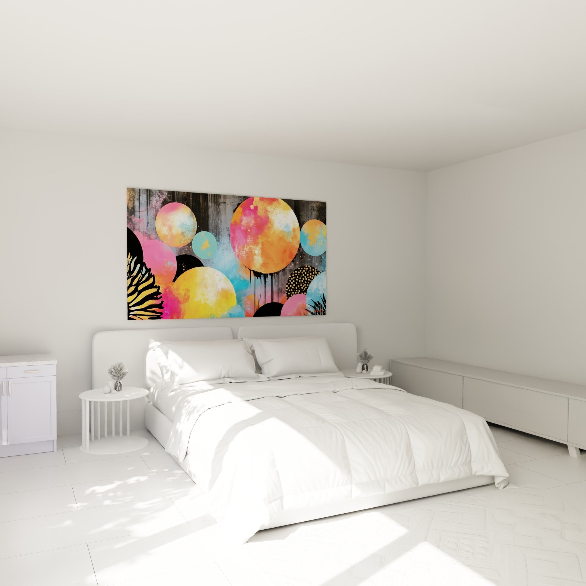 Bulles colorées jaune miel et bleu pastel formant un tableau géométrique abstrait au-dessus d'un lit dans une chambre claire