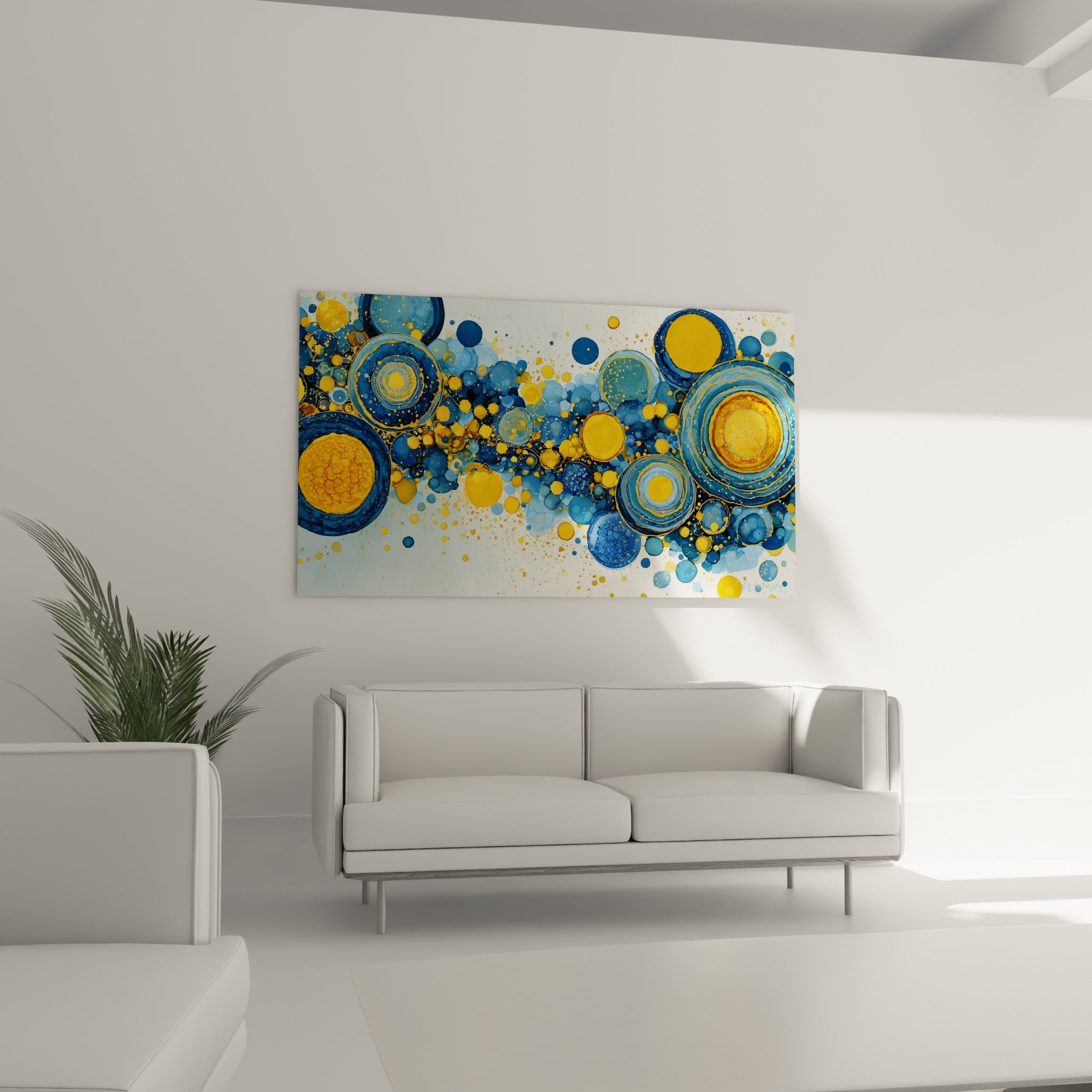 Bulles dorées et turquoise entremêlées, tableau géometrique abstrait au-dessus d'un canapé dans un salon lumineux
