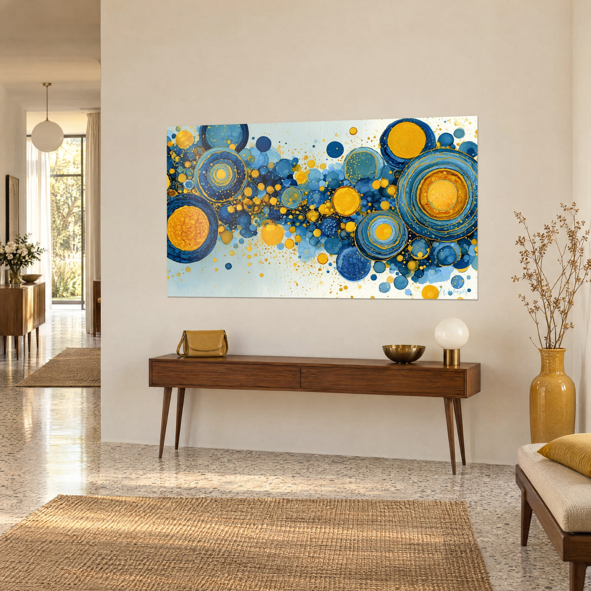 Wall art with a ballet of cobalt and saffron yellow ink bubbles, gold splashes on a light background, three-quarter view, wooden entrance