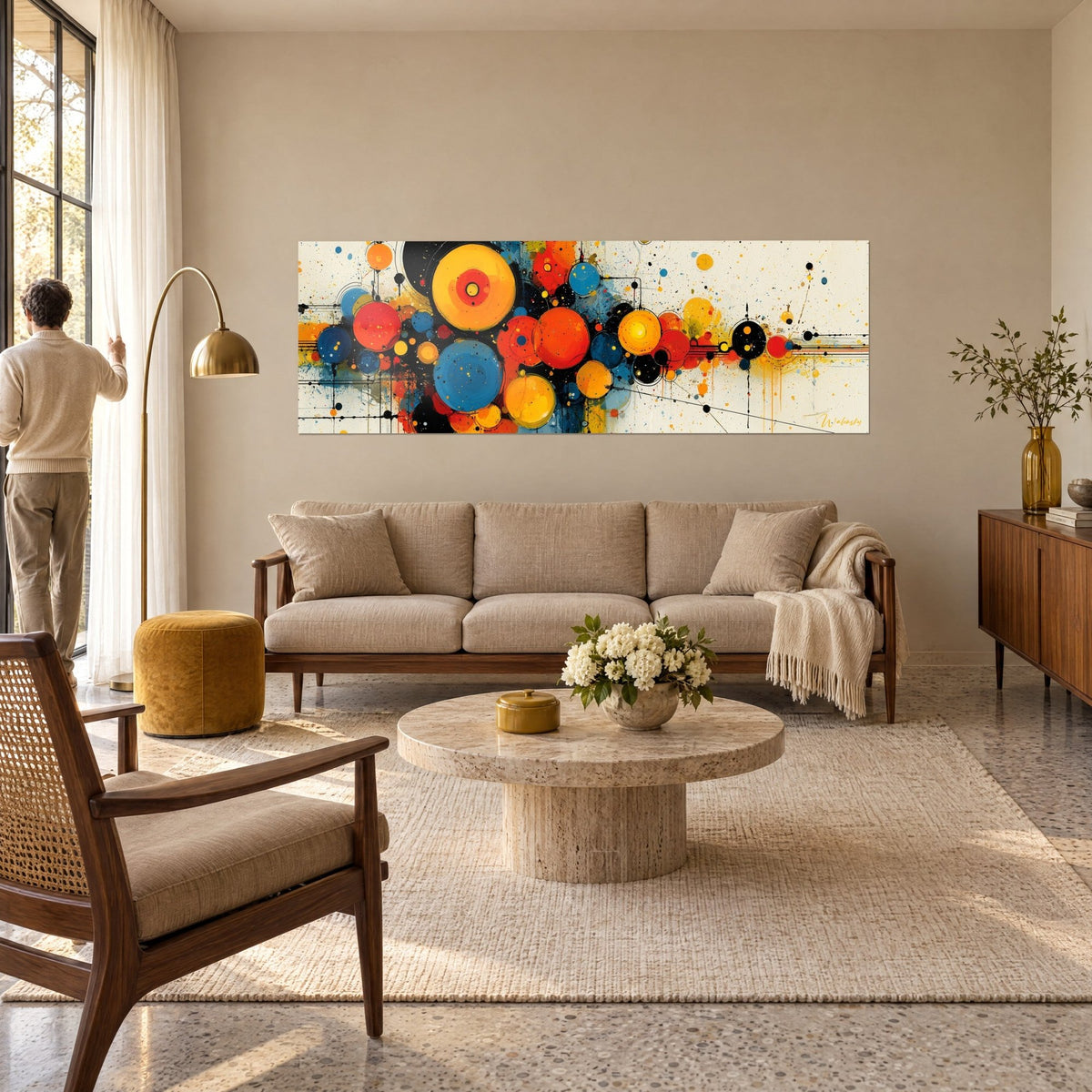 Wall art with sunny yellow and cobalt blue discs splashed with black ink, a man seen from behind above a sofa in a bright living room
