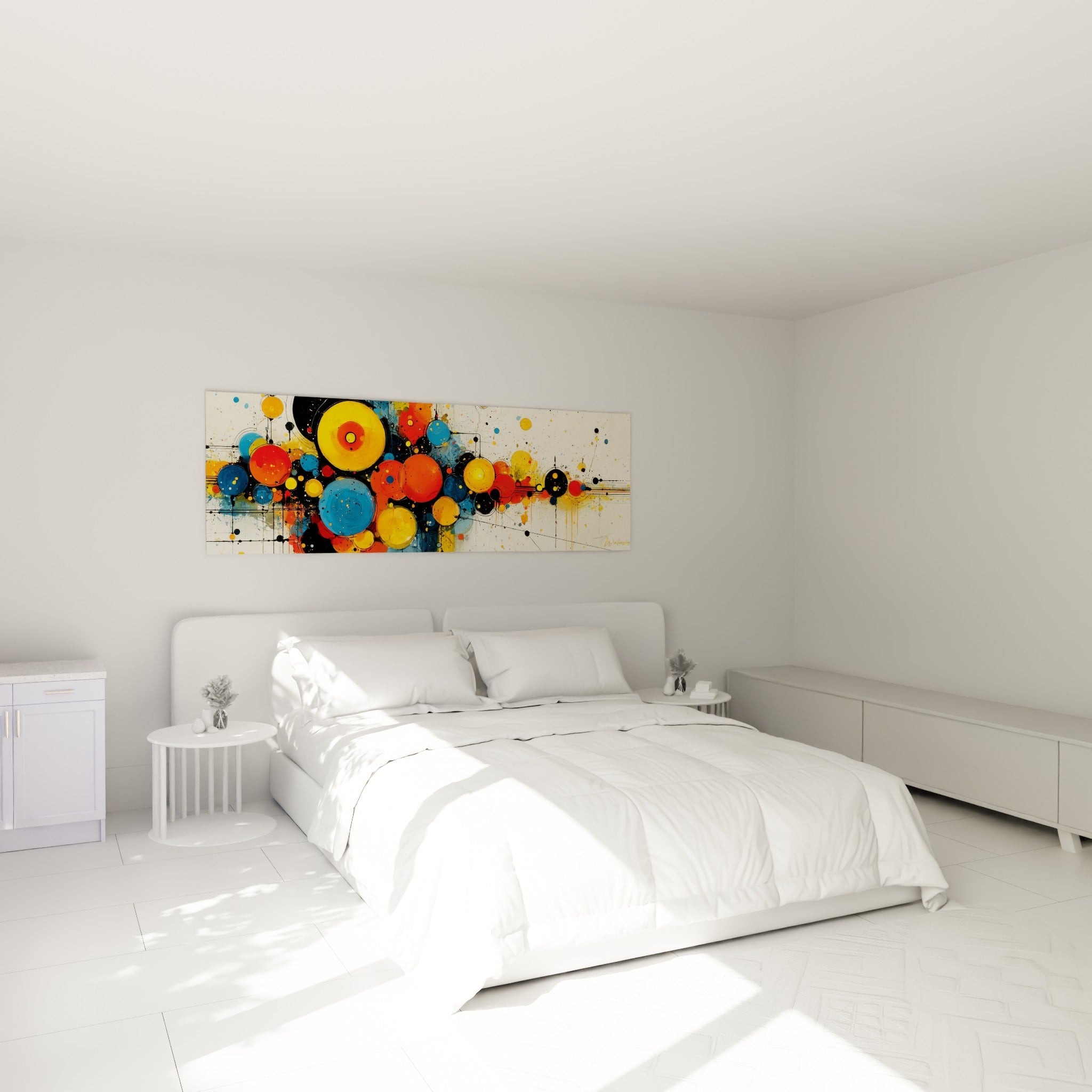 Bulles colorées jaune et bleu marine composant un tableau géométrique abstrait au-dessus d'un lit dans une chambre claire