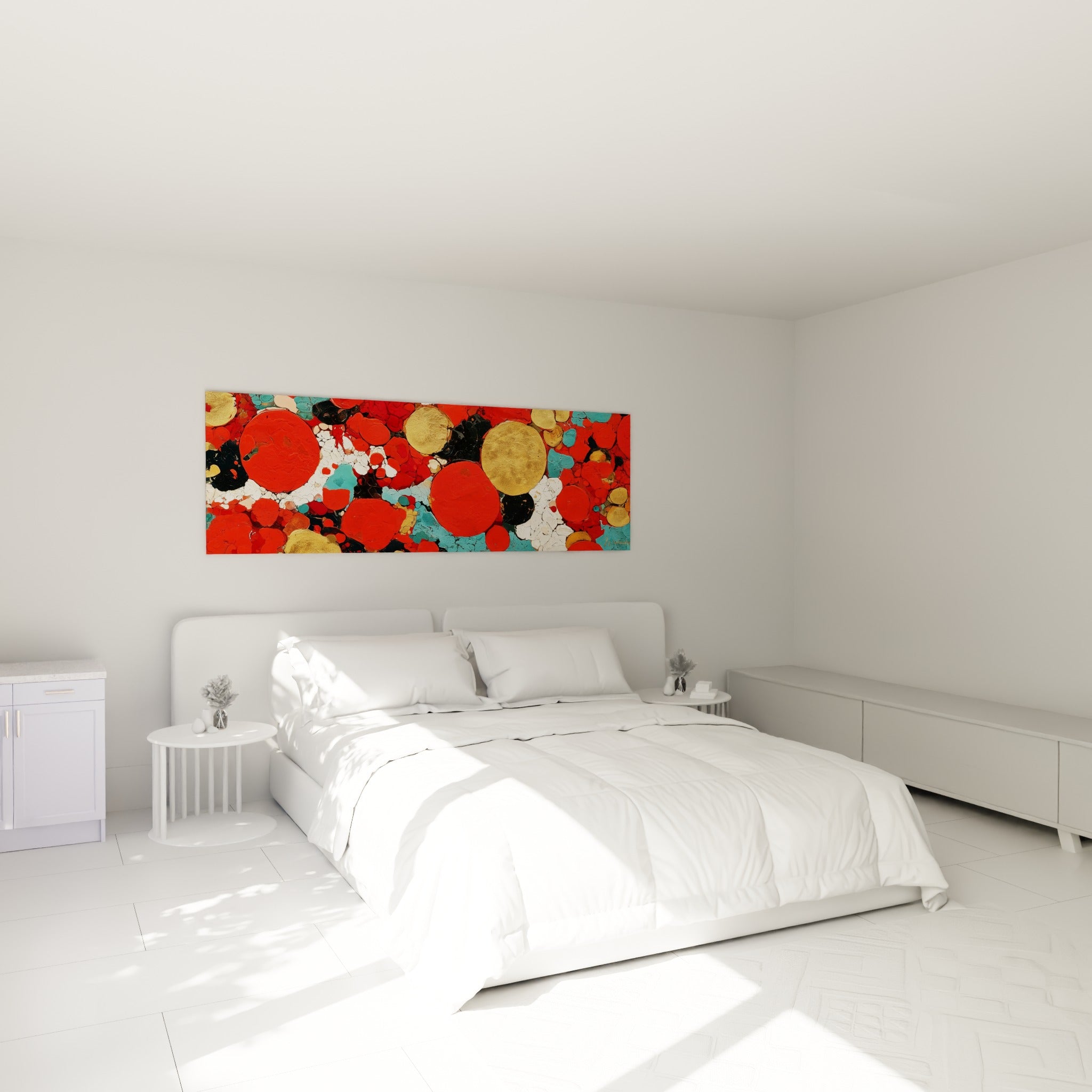 Formes rondes rouge vif et dorées de ce tableau géométrique abstrait au-dessus d'un lit dans une chambre claire