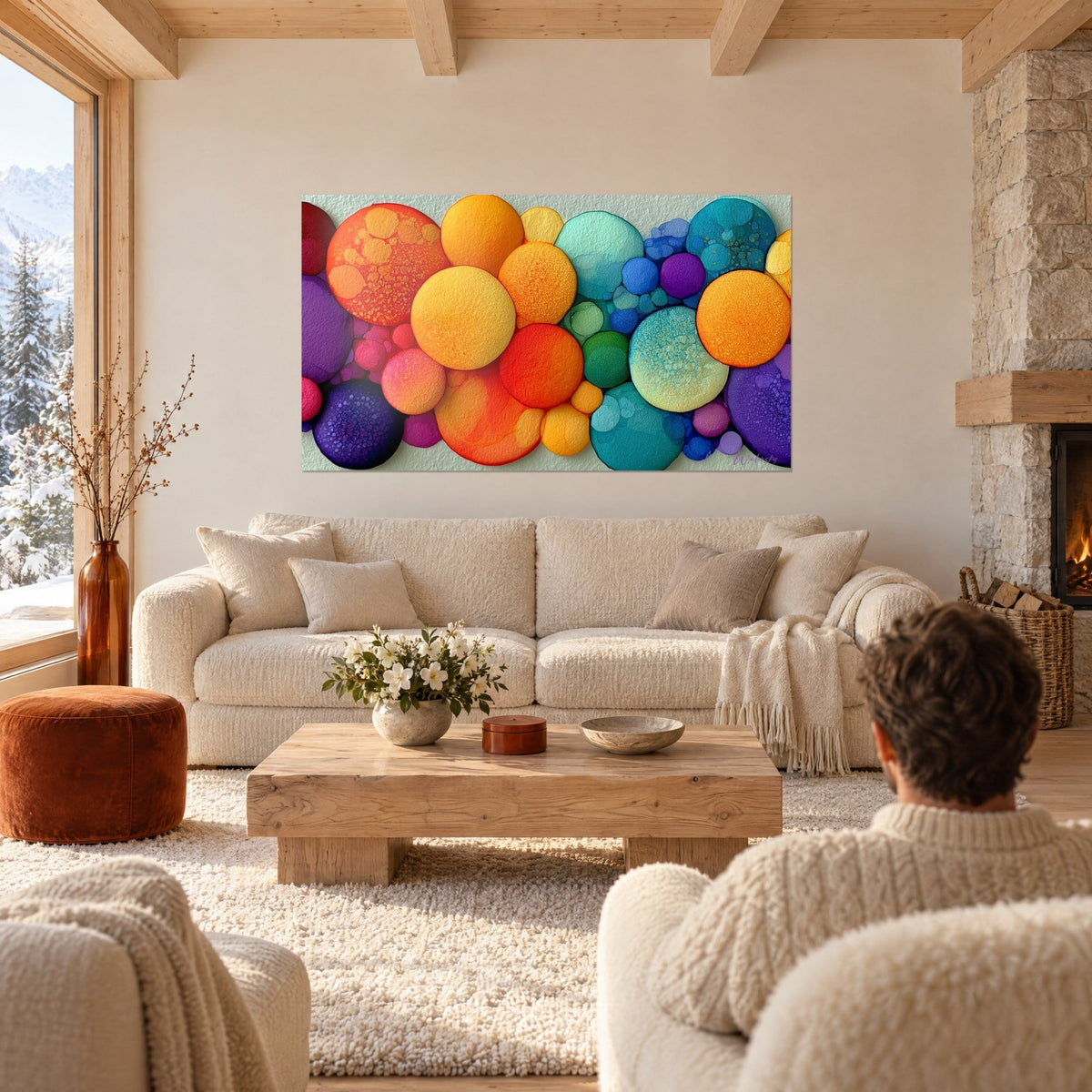 Schilderij getextureerde oranje en turquoise cirkels, korrelige stippen, violet en geel, boven een bank in een lichte woonkamer
