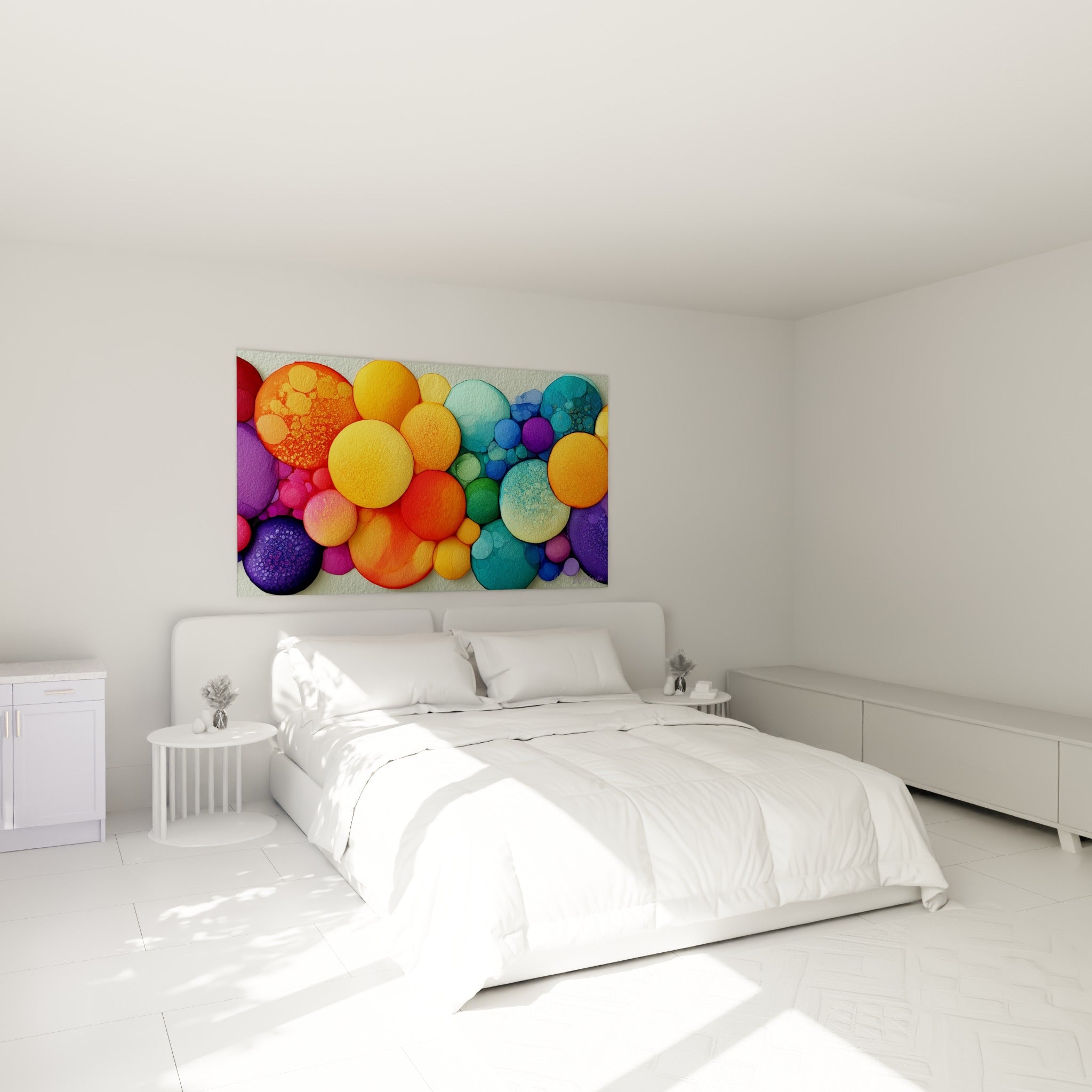 Bulles colorées orange et bleu pastel du tableau géométrique abstrait au-dessus d'un lit dans une chambre claire