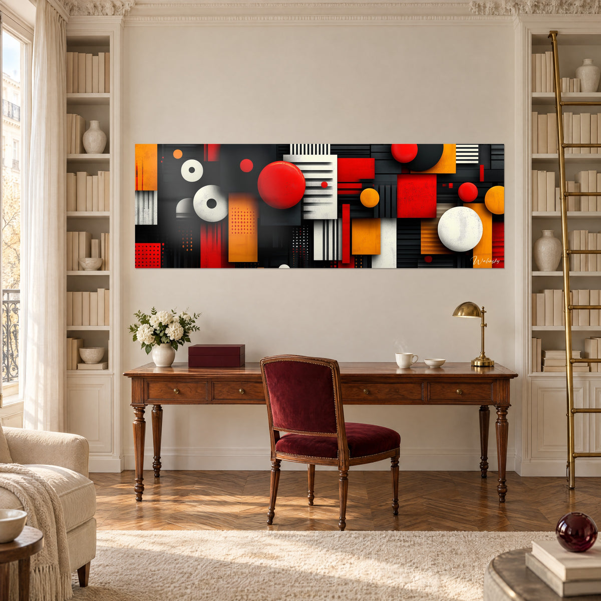 Πίνακας patchwork με κόκκινες κουκκίδες, πορτοκαλί μπλοκ και ελεφαντοστέινες ρίγες σε μαύρο φόντο, πάνω από ξύλινο γραφείο ανάμεσα σε δύο βιβλιοθήκες
