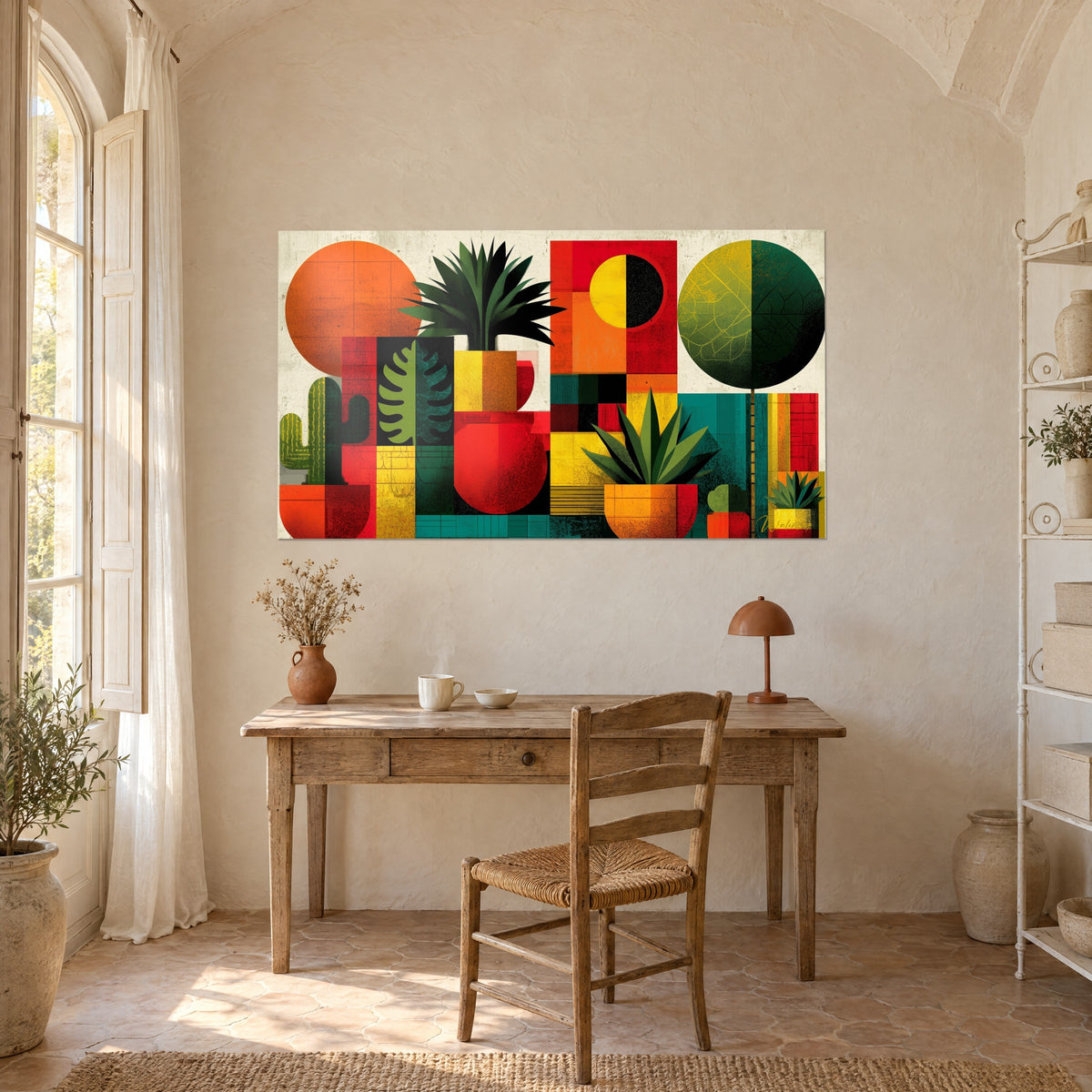 Tableau cactus, monstera et agaves en aplats rouge et turquoise, au-dessus d'un bureau en bois clair