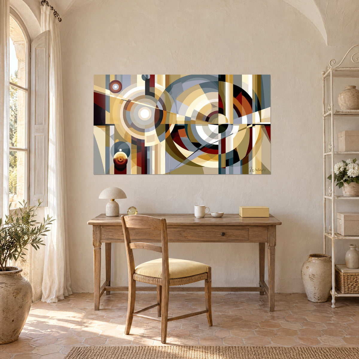 Cuadro con engranajes estilizados de arcos superpuestos beige, ocre y rojo ladrillo, pared blanca sobre un escritorio de madera y silla de mimbre