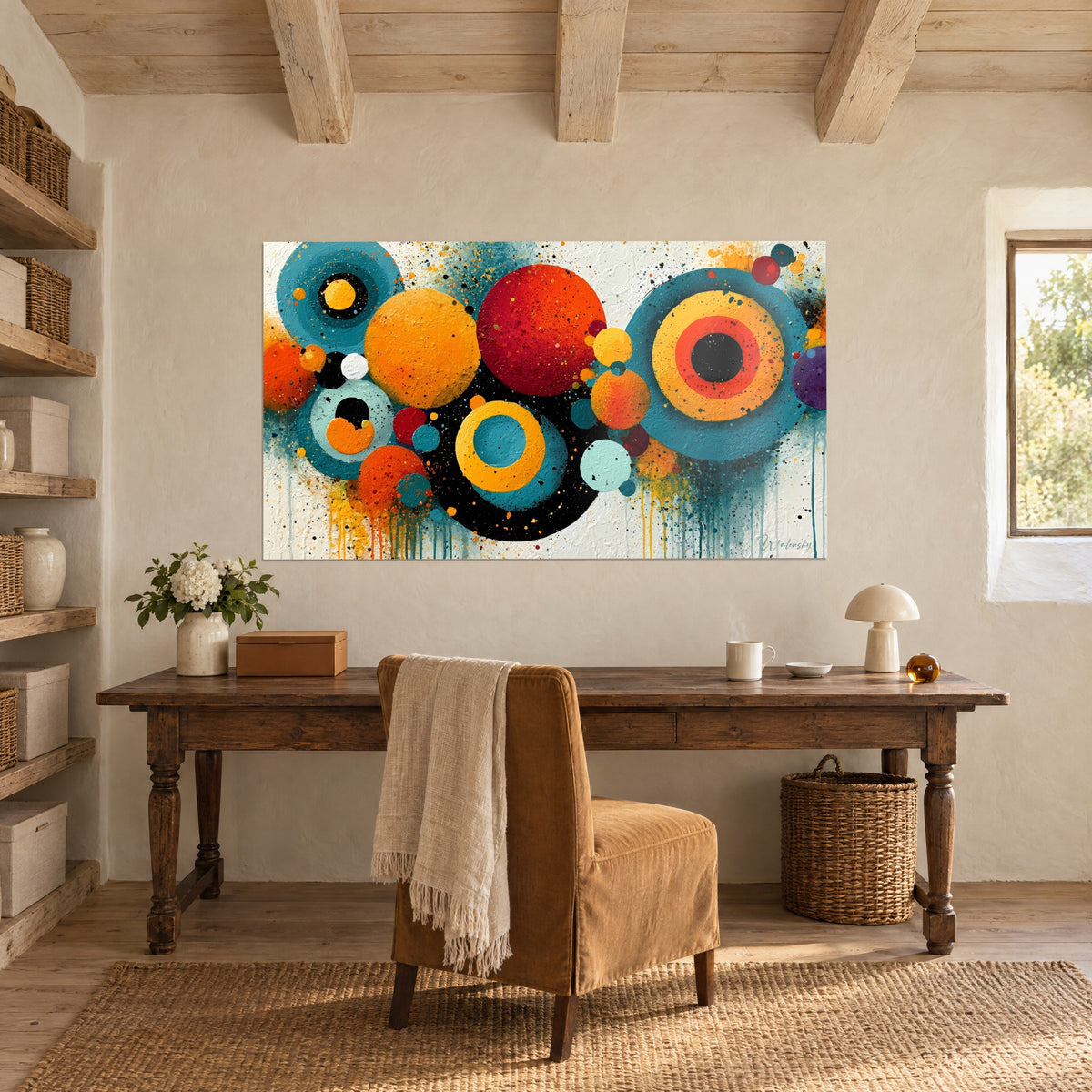 Schilderij met over elkaar liggende ringen in gebrand oranje en diep zwart, verfschilfers, houten bureau, beige stoel, zichtbare balken