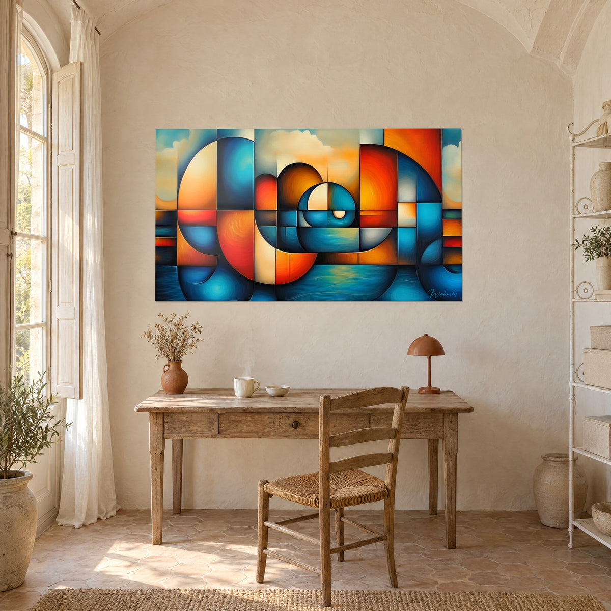 Schilderij met mozaïek van panelen in oranje, koper en petroleumblauw, crèmekleurige schijf in het midden, houten bureau bij een raam